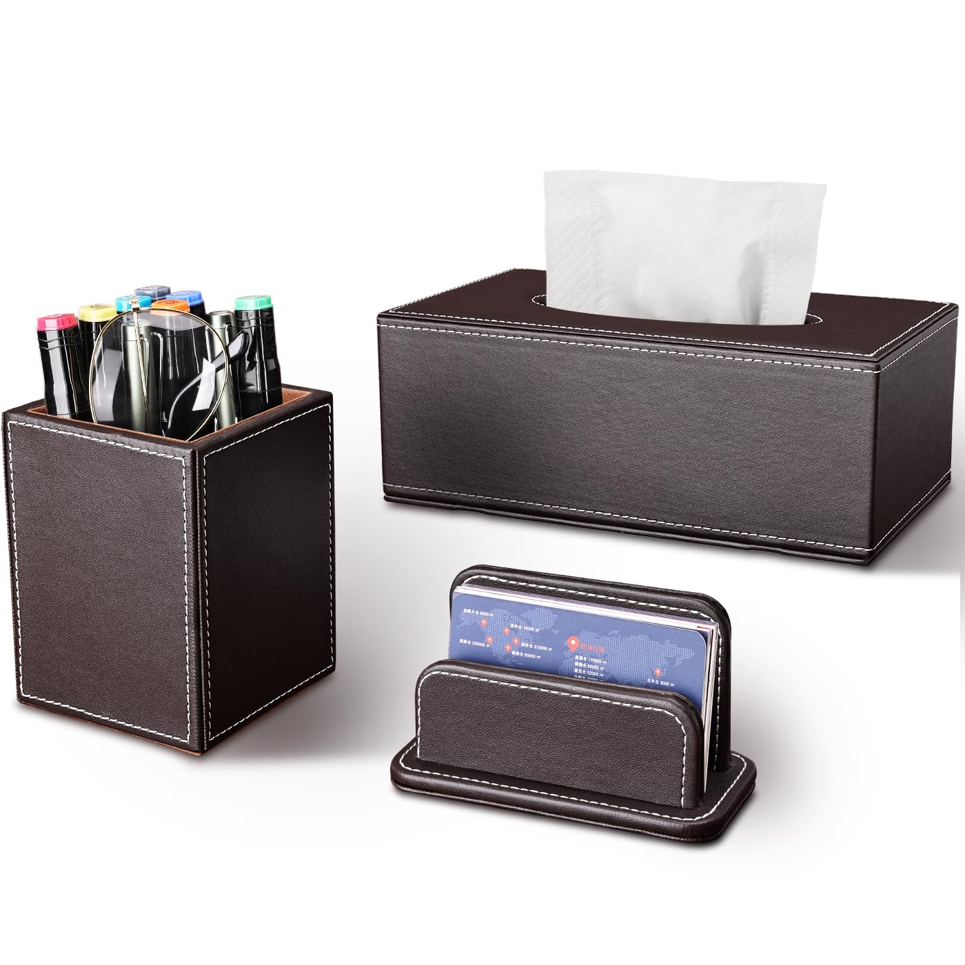 KINGFOM 3PCS/SET Desk Organizers and Accessories, Pu Leather Office Supplies Organization Set with Tissue Holder, Pencil Holder and Business Name Cards Stand Brown