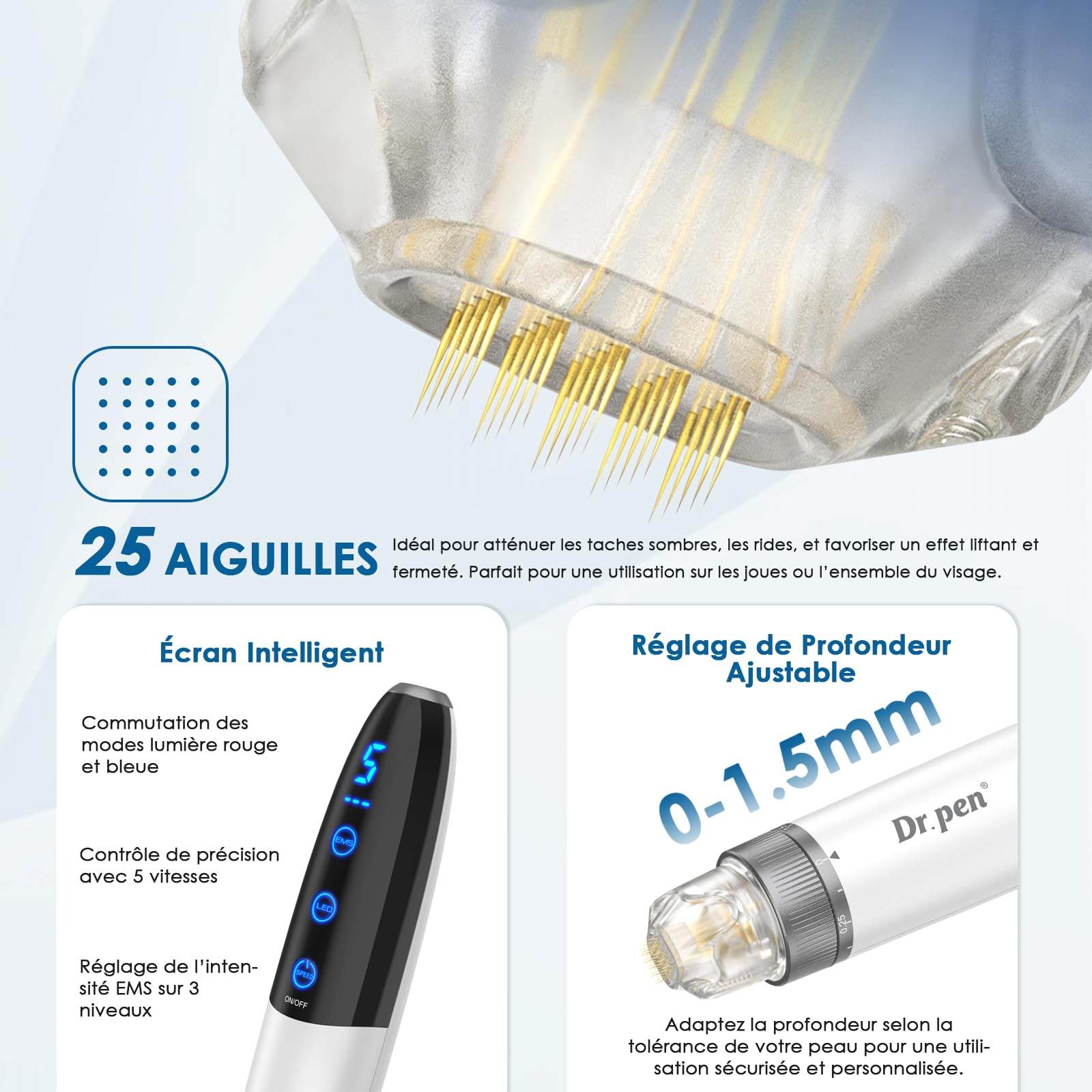 Dr. Pen Q1S Microneedling Pen, 3-EN-1 : Lumière Rouge et Bleue, 5 vitesses, 3 niveaux d'intensité EMS, Sans Fil Dermapen Kit pour Visage, Cuir Chevelu, Corps et Barbe, 2 Micro-Aiguilles.