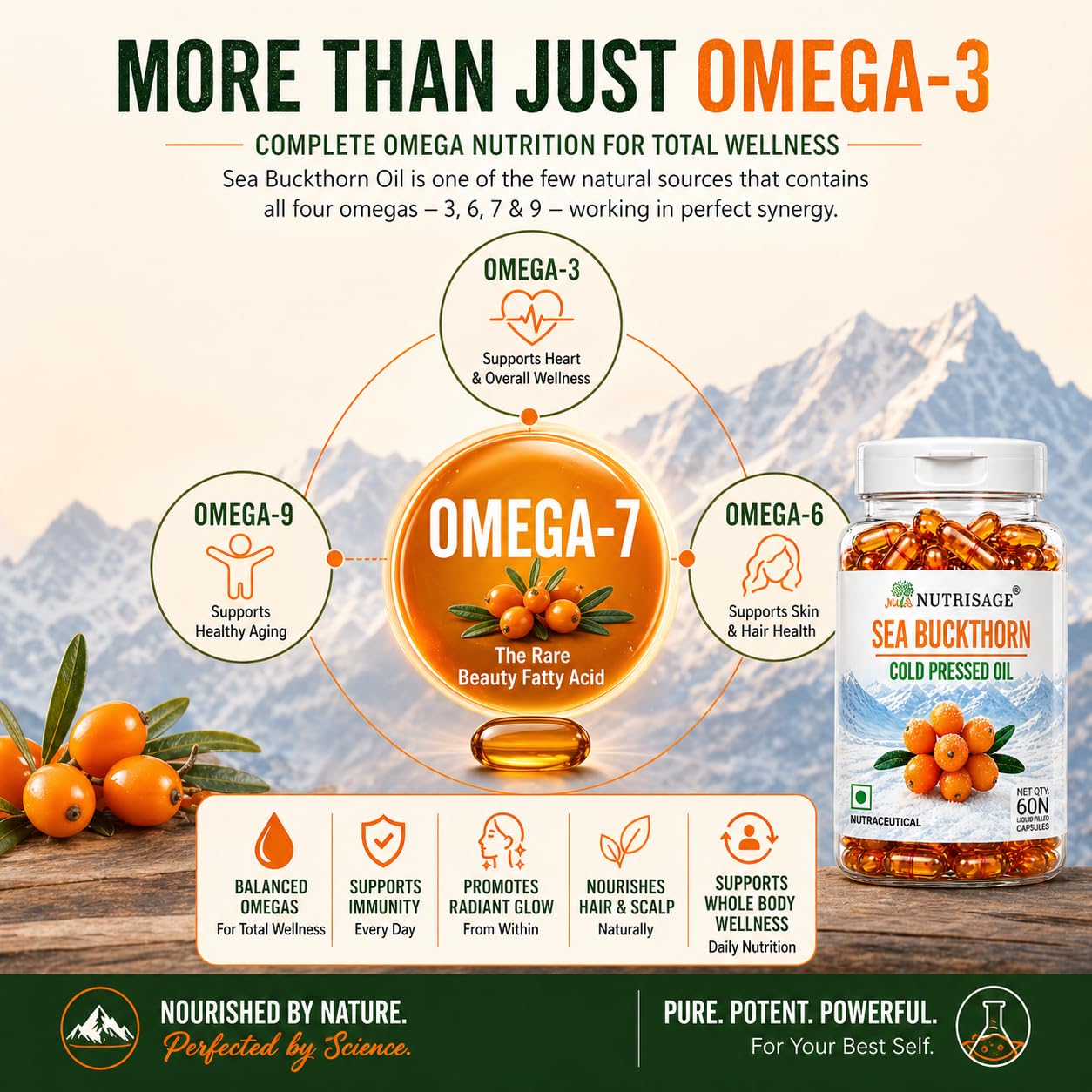 Sea Buckthorn Oil Capsules 1200mg Daily Serving | Cold Pressed Himalayan Omega 7 Formula | Supports Skin Hydration, Glow, Hair & Whole Body Wellness | Omega 3 6 7 9 | 60 Capsules — Amazon image 3