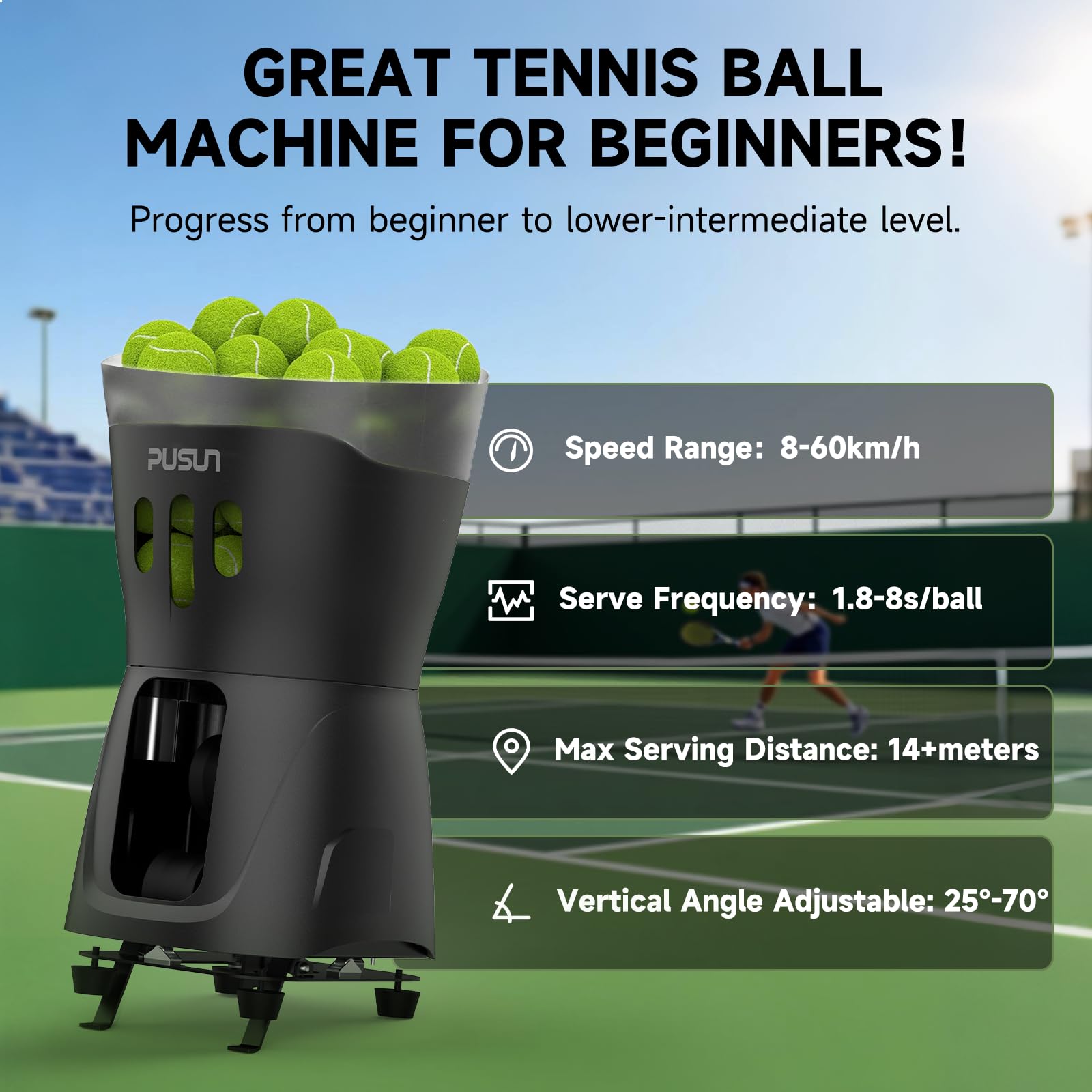 PUSUN - Macchina per lanciare palline da tennis, per bambini/principianti, capacità 65 + palline, doppio controllo tramite app e telecomando, durata della batteria 3-5 ore, attrezzatura portatile per