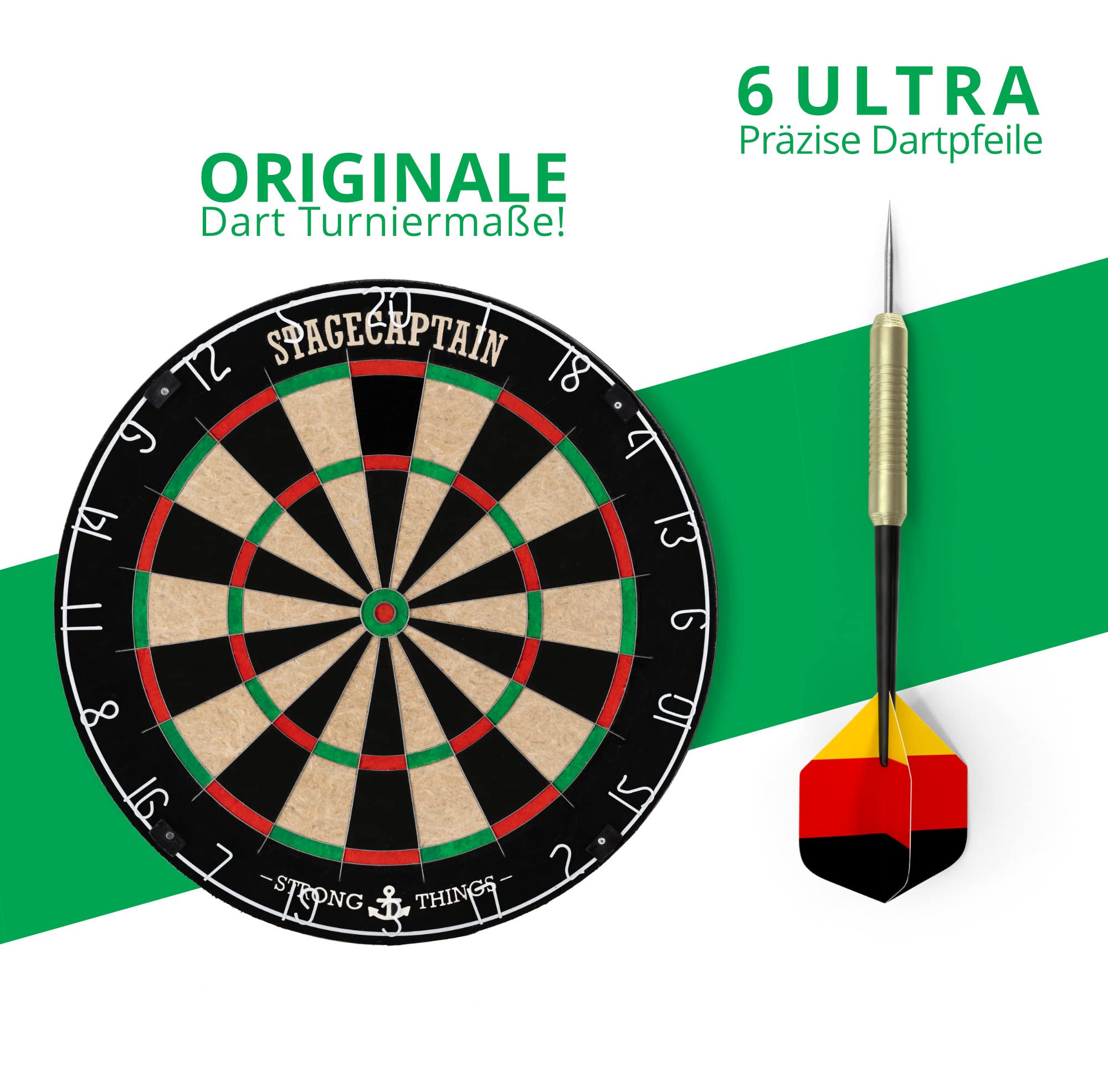 Stagecaptain DBS-1715 Bullseye Pro Dartscheibe mit Pfeilen - Profi Steeldartscheibe aus Sisal - Dartboard mit extra dünnen Drähten - Dart Scheibe mit 6 Dartpfeilen und 4 Sets Flights