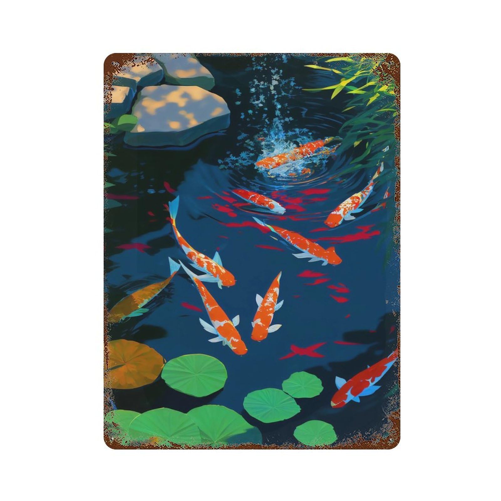Rust Effect Painting Koi Fishes Vintage Rust Metal Sign 15.7"x11.8", Vintage Wall Decor for Garage, Bar And Workshop Decor