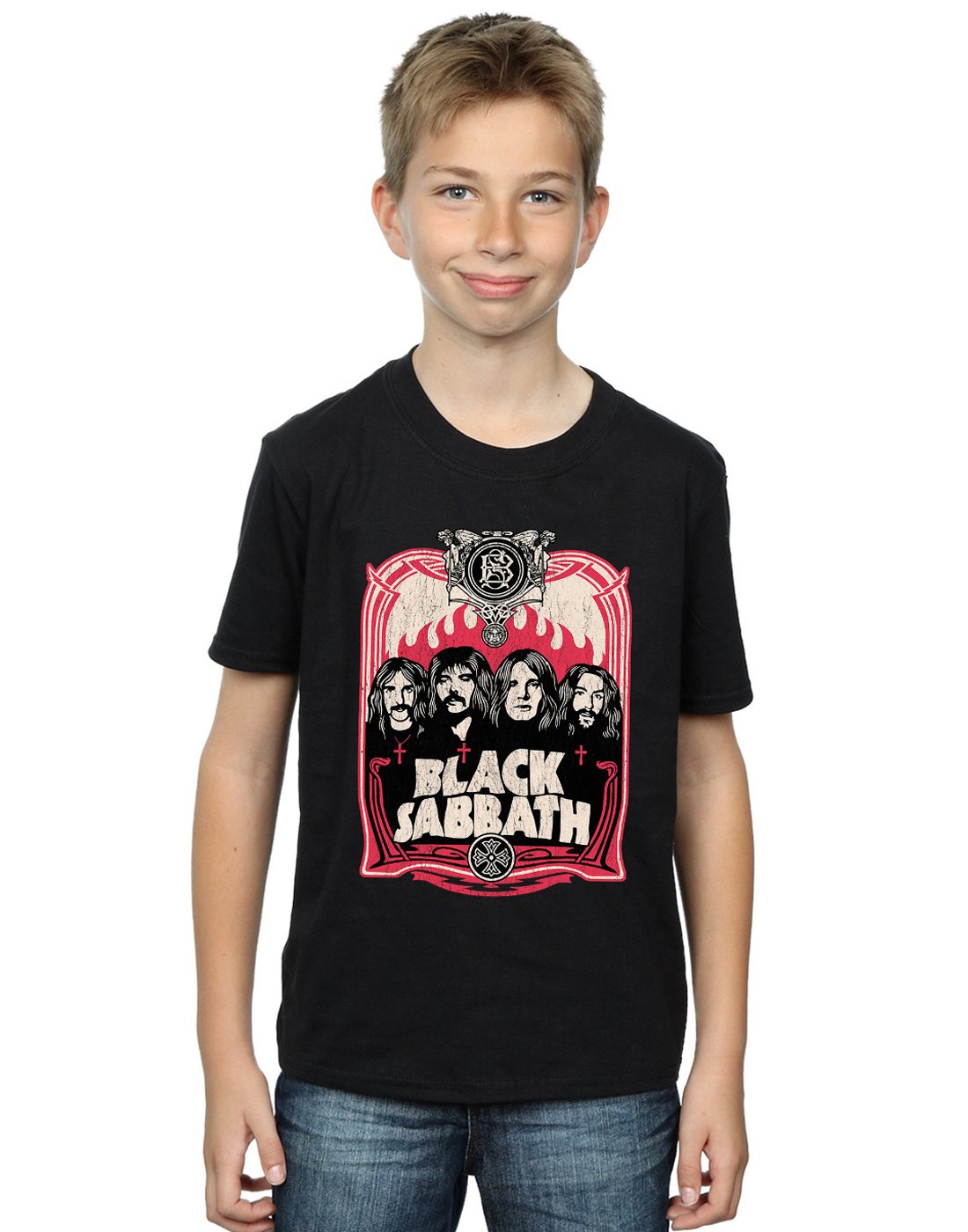 Absolute Cult Black Sabbath Boys Flames Distressed T-Shirt Black 7-8 Years