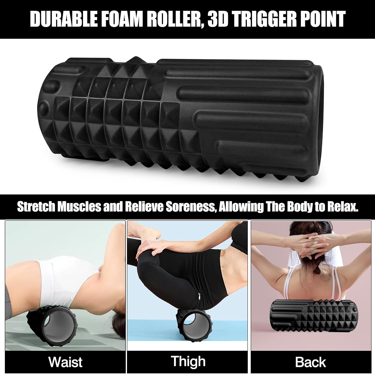 4 in 1 Foam Roller Set, Trigger Point Back Roller, Muscle Roller Stick, Massage Ball, Carrying Bag, Massage Roller for Deep Tissue Massage(Black)