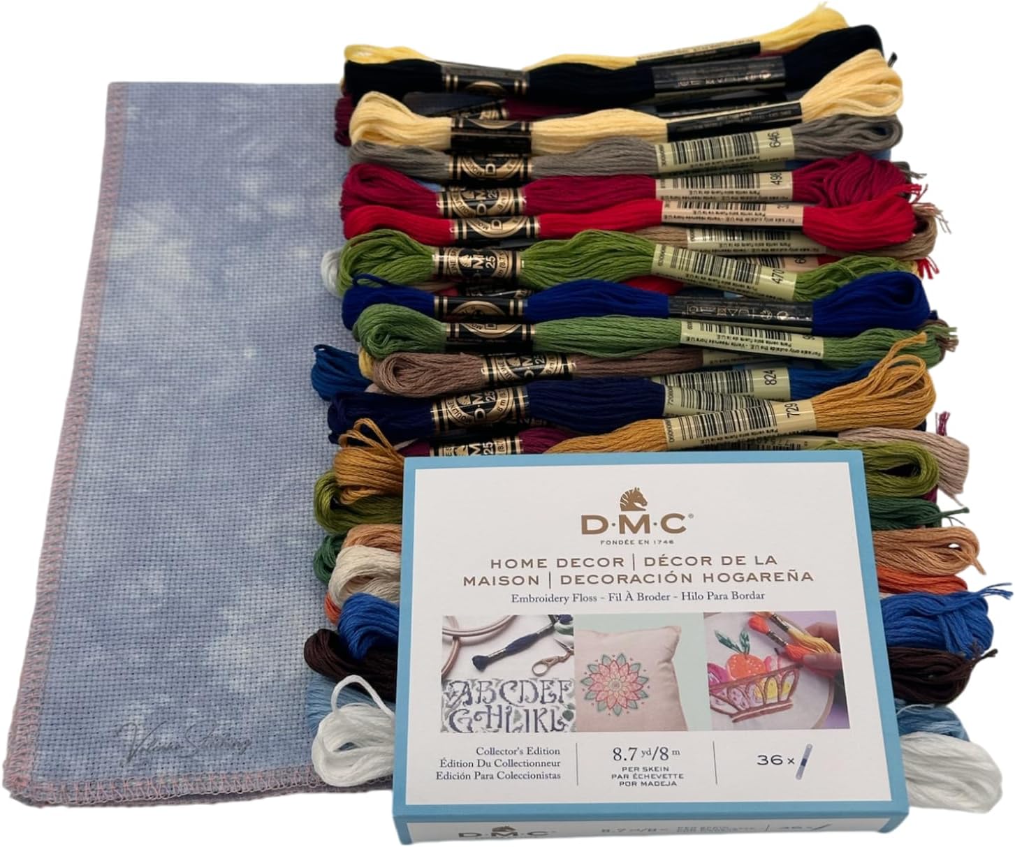 Home Decor Collection Embroidery Thread Bundle - DMC Embroidery Floss Pack 8.7yd Home Decor 36Pkg with Aida 18 Count Denim Blue Hand-Dyed Cross Stitch Fabric by VolcanoStitching