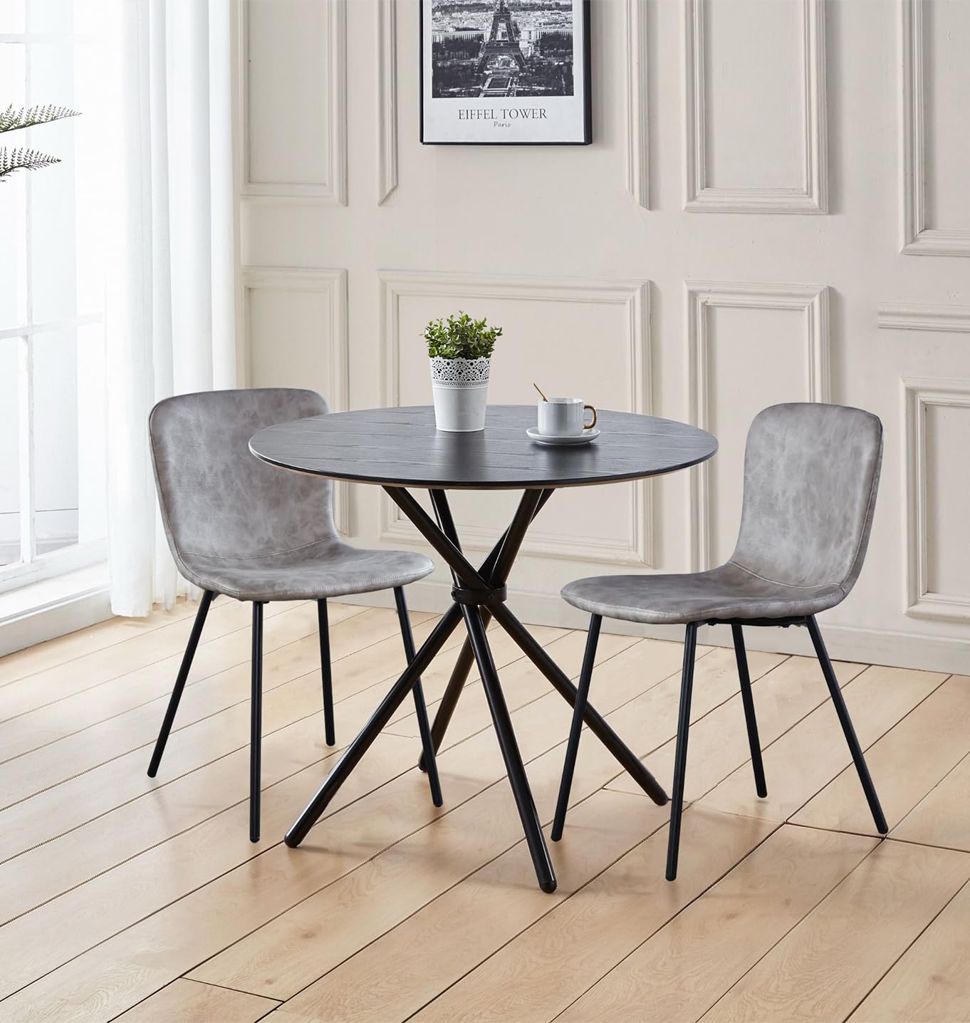 Hallowood Furniture Cullompton Round Dining Table and Chairs Set 2, Black Wood Effect Small Kitchen Table and Chairs Set 2 Upholstered in Taupe Faux Leather, Dining Room Sets for Home and Café