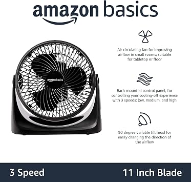 Amazon Basics Air Circulator Fan, Desk Fan for Bedroom, Home and Office, With 90-Degree Tilt Head, 3 Speed Settings, Lightweight (4.2 LBS), 70 Watts, Black, 14.8Wx7.6Dx14.1H