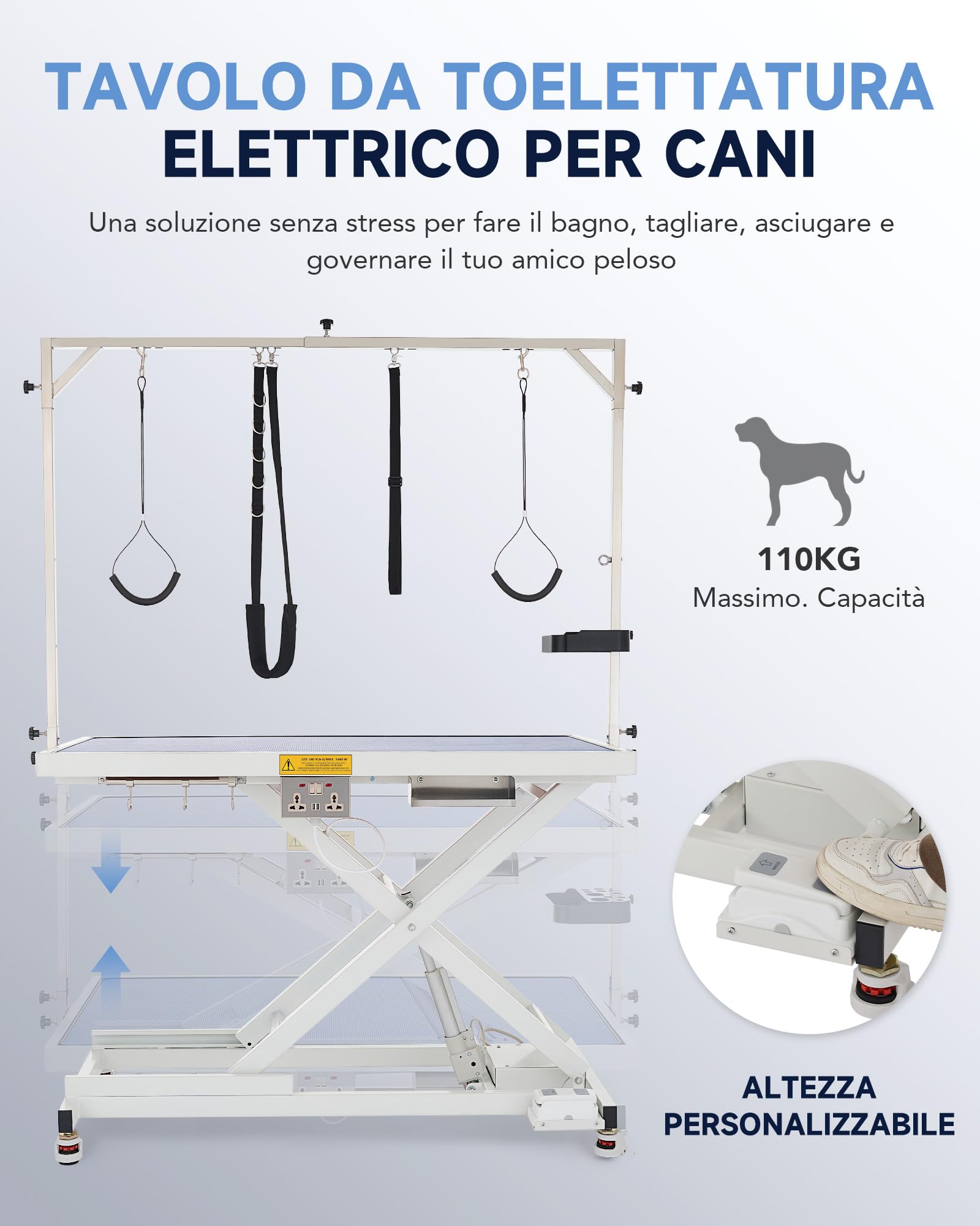 CO-Z Tavolo Elettrico da Toelettatura per Cani 120cm Tavolo da Toelettatura per Animali Pesante con Ruote Regolabili in Altezza 4 Cinghie per Toelettatura degli Animali capacità 110 kg 120cm, Bianco