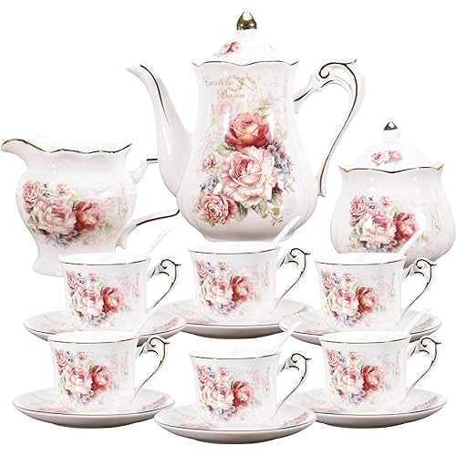 fanquare 15 Pieces Porcelain Vintage Tea Set,Rose Flowers Tea Party Set for Women,Adults,China Coffee Set