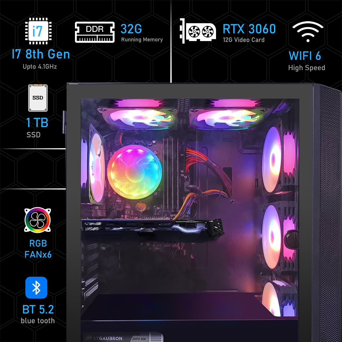 STGAubron PC desktop da gioco, Corei7 8a generazione, RTX 3060 12G, 32G