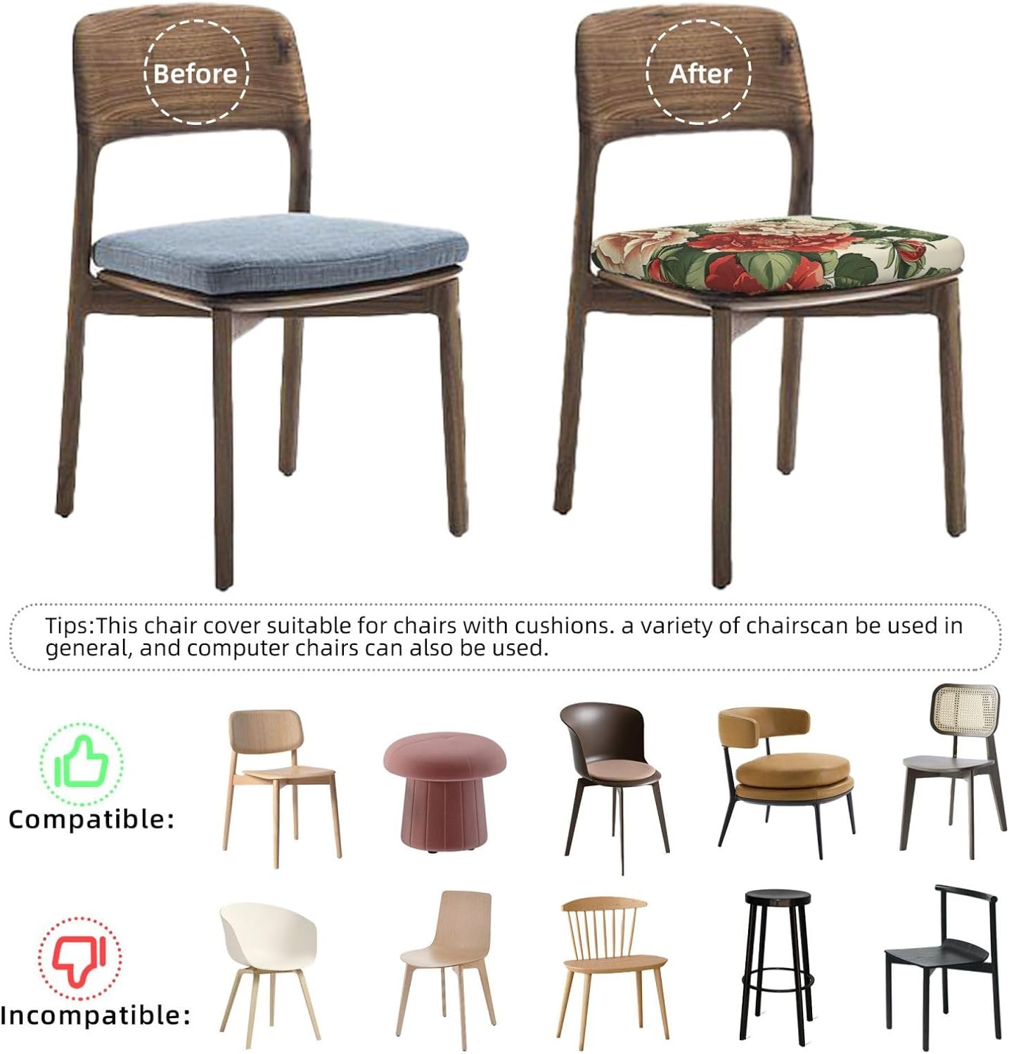 Retro Flower Print Square Cushion Covers 6 Pcs Set Elastic Non-Slip Seat Cushion Slipcovers Pet Furniture Protectors for Chair, Sofa