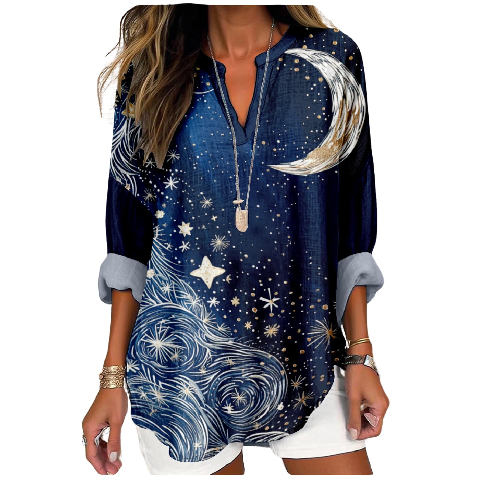 MARSVOVO V Neck Shirt For Women Boho Multi Style Blouse Long Sleeve Novelty Graphic Plus Size Pullover Tops For Women