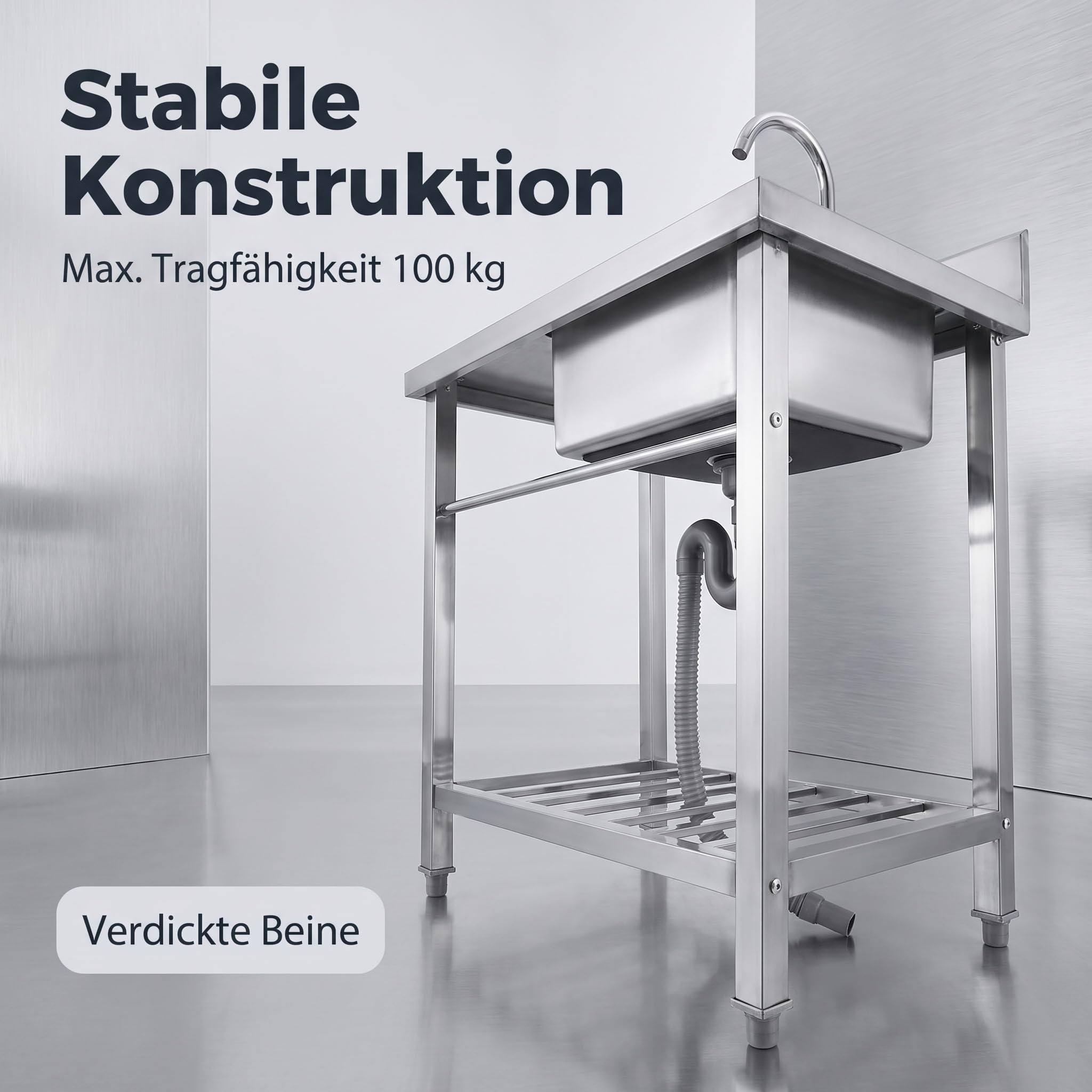 Freistehende Küchenspüle Edelstahl Spülbecken, Multifunktions Spüle mit Wasserhahn mit Kalt und Warmwasserschläuchen, 80×55×92 cm Gewerbliche Spülbecken, Tragfähigkeit 99.8 kg für Außen, Lnnen, Küche,
