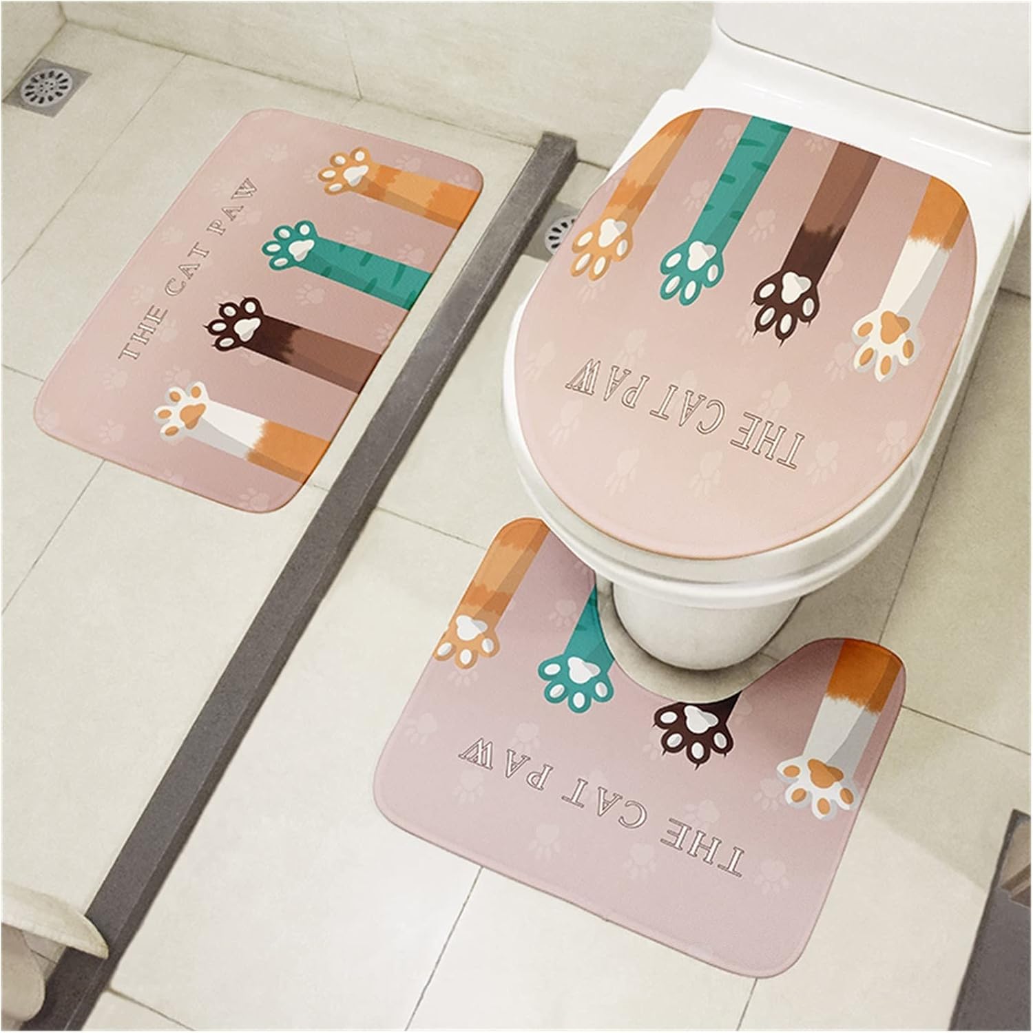 Cat's Claw Printed Bathroom Mats 3-Piece Carpet Toilet Cover Set Cute Carpet Toilet Entrance Door Mat(Style1)