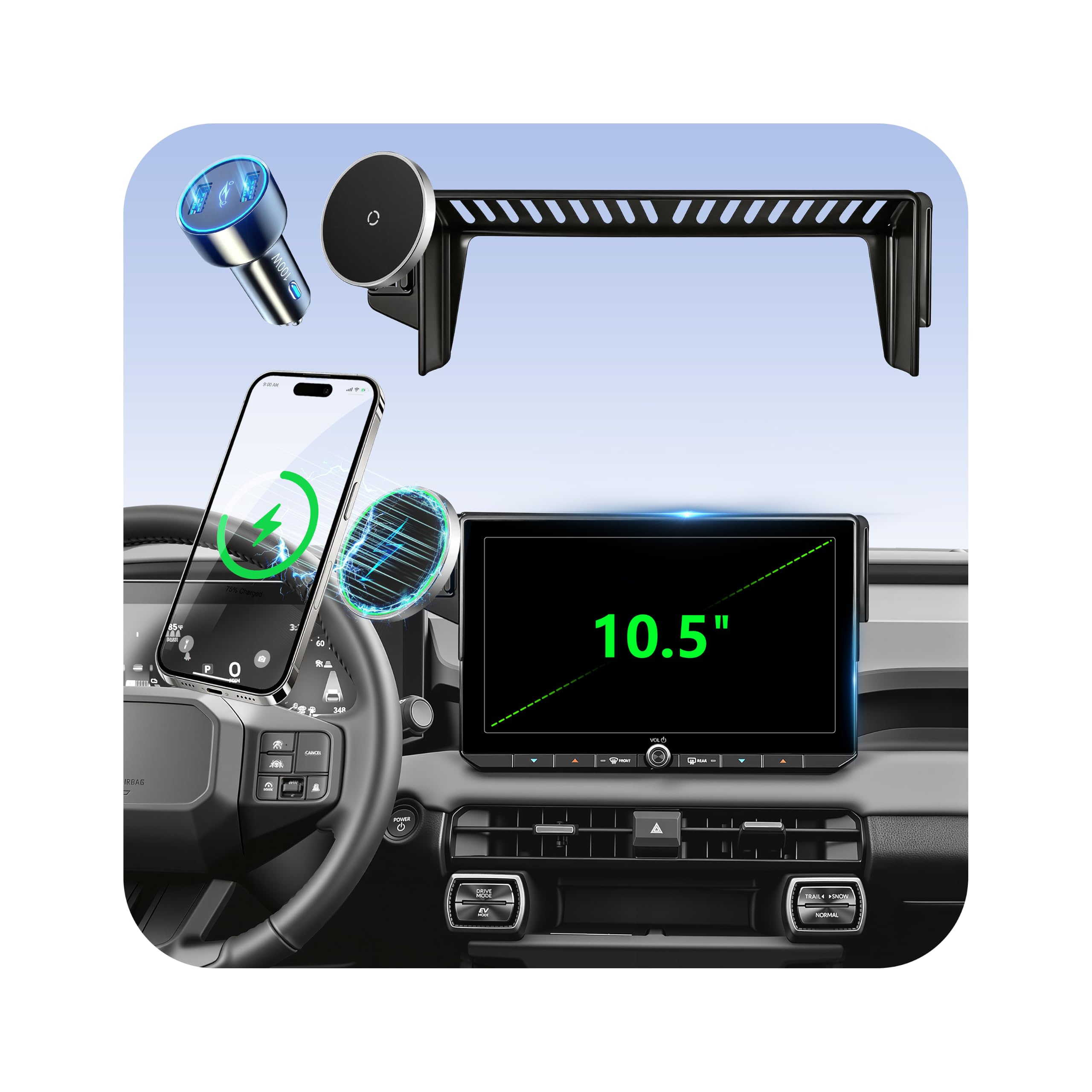 Phone Holder for Toyota RAV4 (2026, 10.5" Screen), MagSafe Car Mount Charger, 15W Wireless Charging, Car Adapter Included, Magnetic Screen Phone Mount, 360° &amp; Hands-Free, RAV 4 Interior Accessories