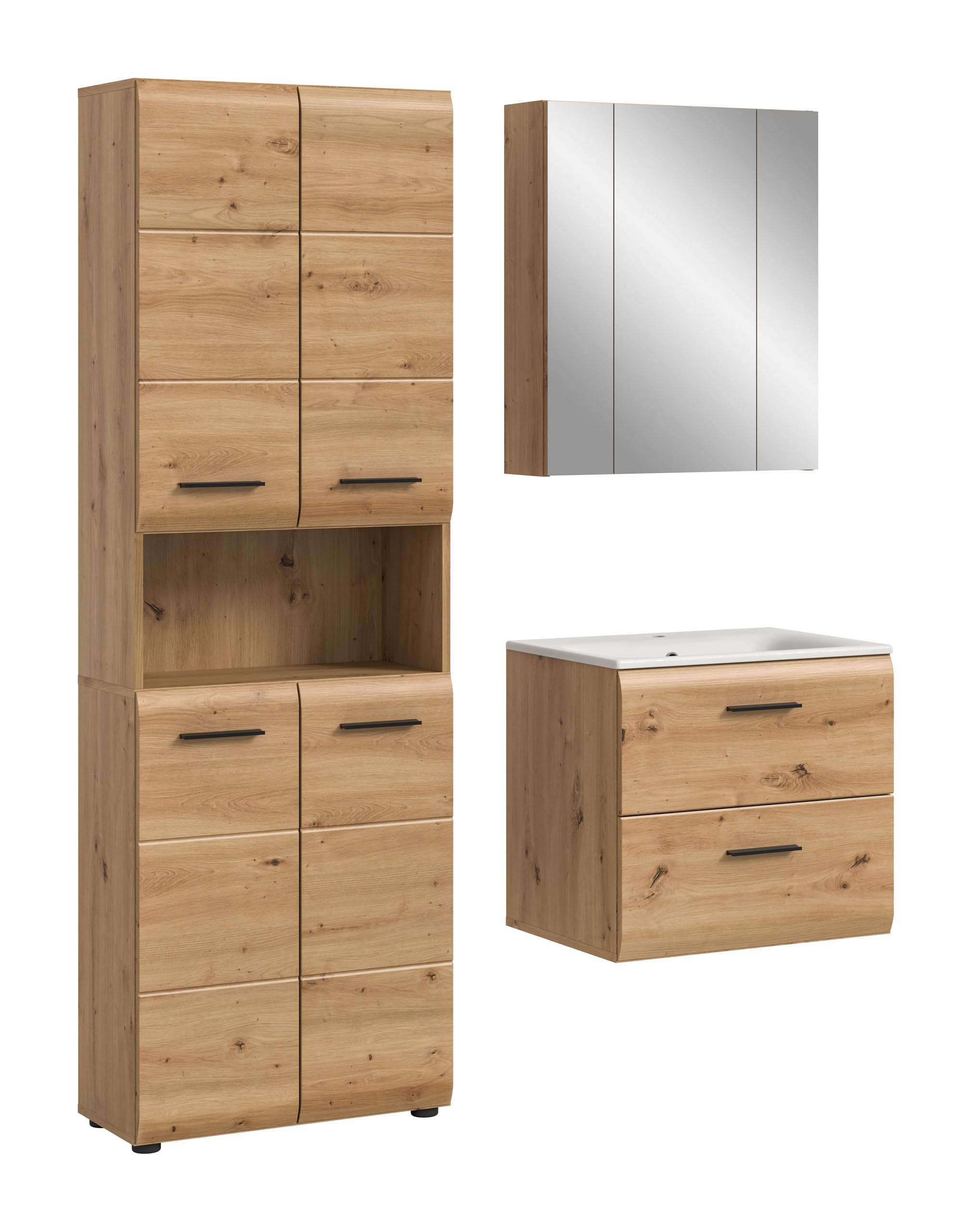 xonox.home – 3 TLG. Kompakte Badkombination Ice 135x185x46 cm in Korpus und Front Artisan Oak Nachbildung – Stilvolles Möbel-Set für Moderne Badezimmer – pflegeleicht & funktional