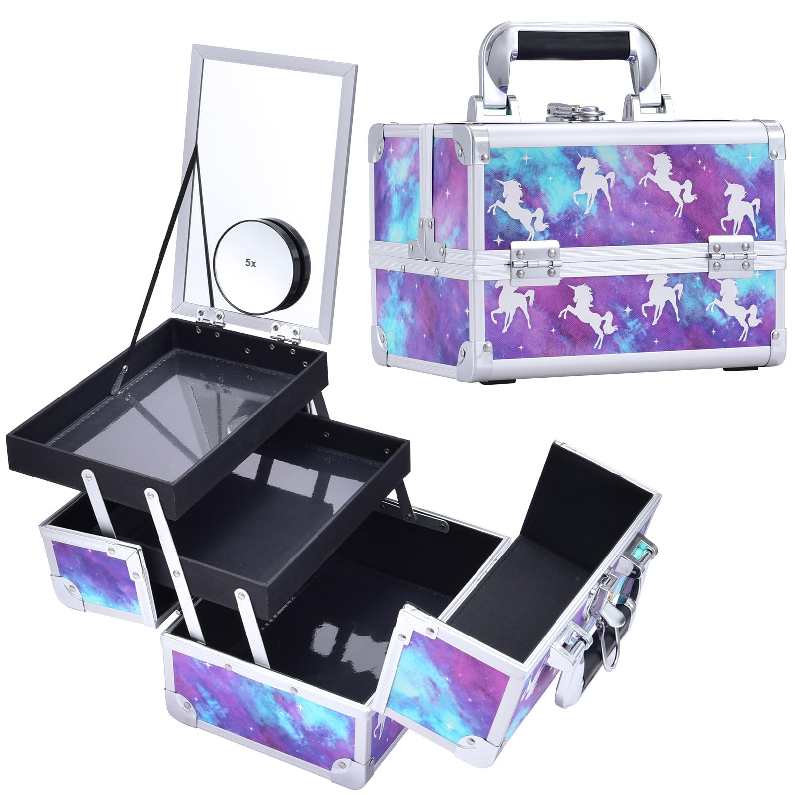 Maletín Maquillaje Profesional Estuche Caja Maquillaje Unicornio Maletín de Manicura Portátil Neceser Organizador de Cosmético con Espejo y Espejo Puntual de Aumento (5X) Regalo para Mujer, Morado