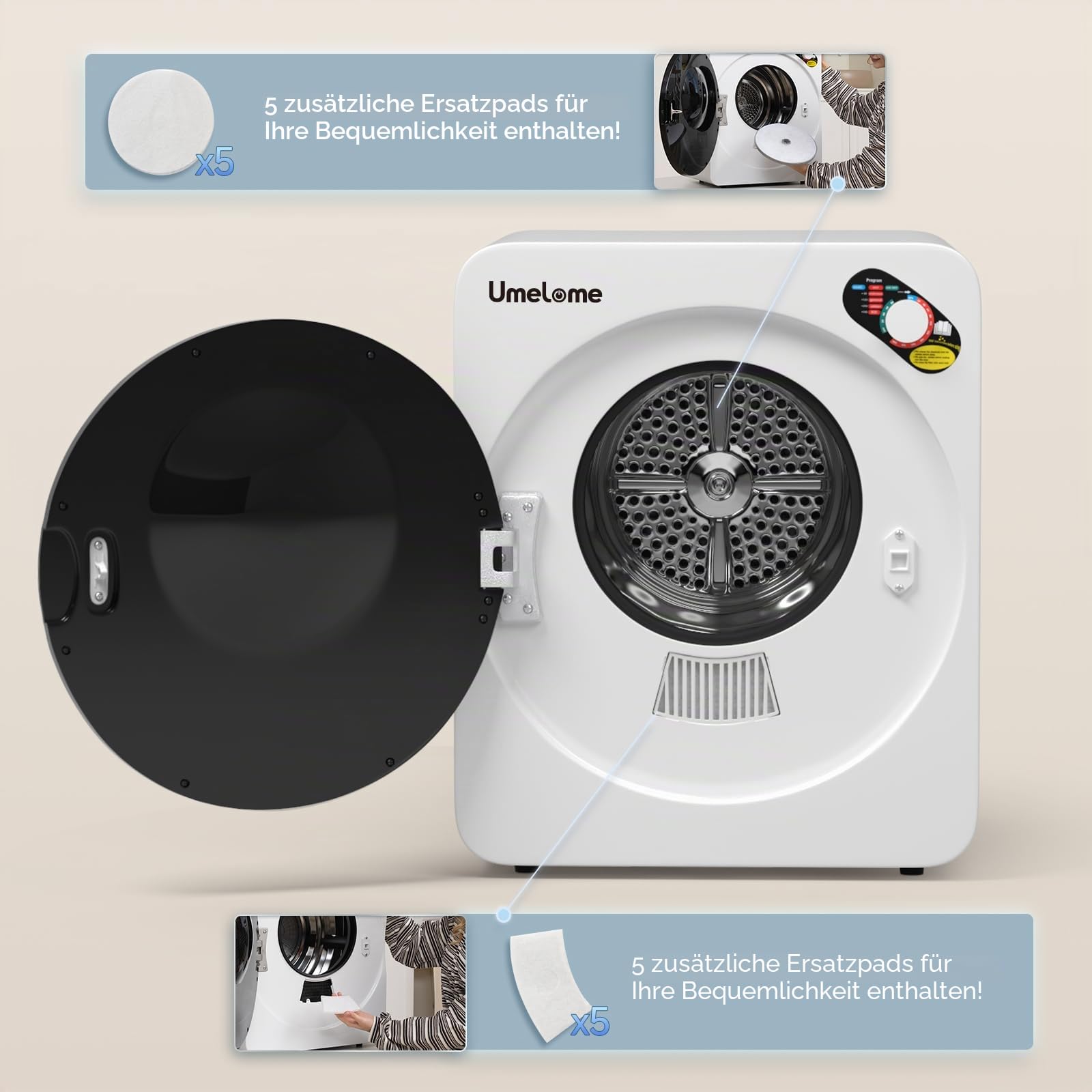 Ablufttrockner 4kg Umelome, 5 Trockenprogramme & Timer, Weiß