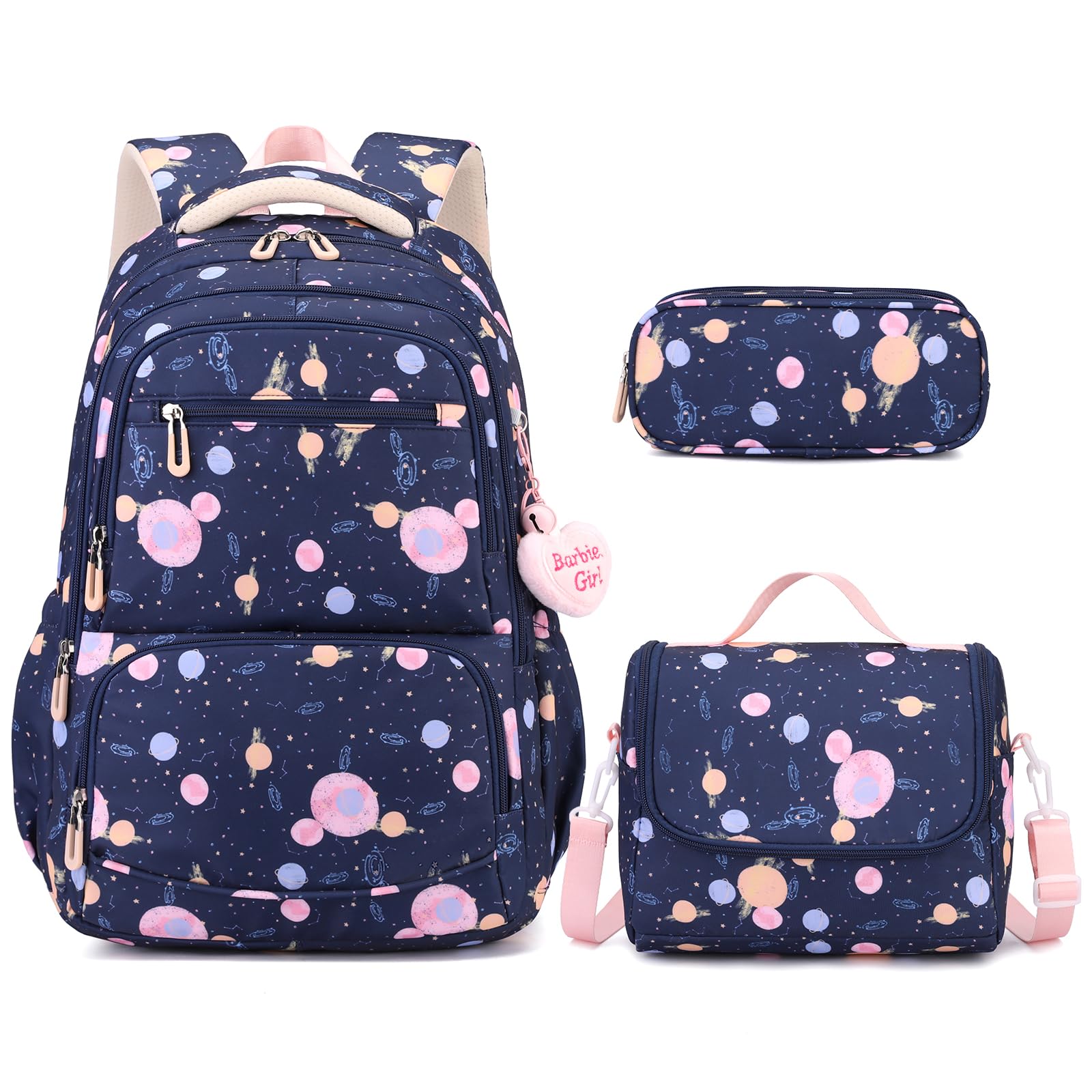 Tanou Mochila escolar para niñas, 3 piezas, mochila escolar informal para niñas de 3 a 7º grado, mochila moderna para adolescentes con bolsa de almuerzo estuche estuche bonito colgante, azul marino