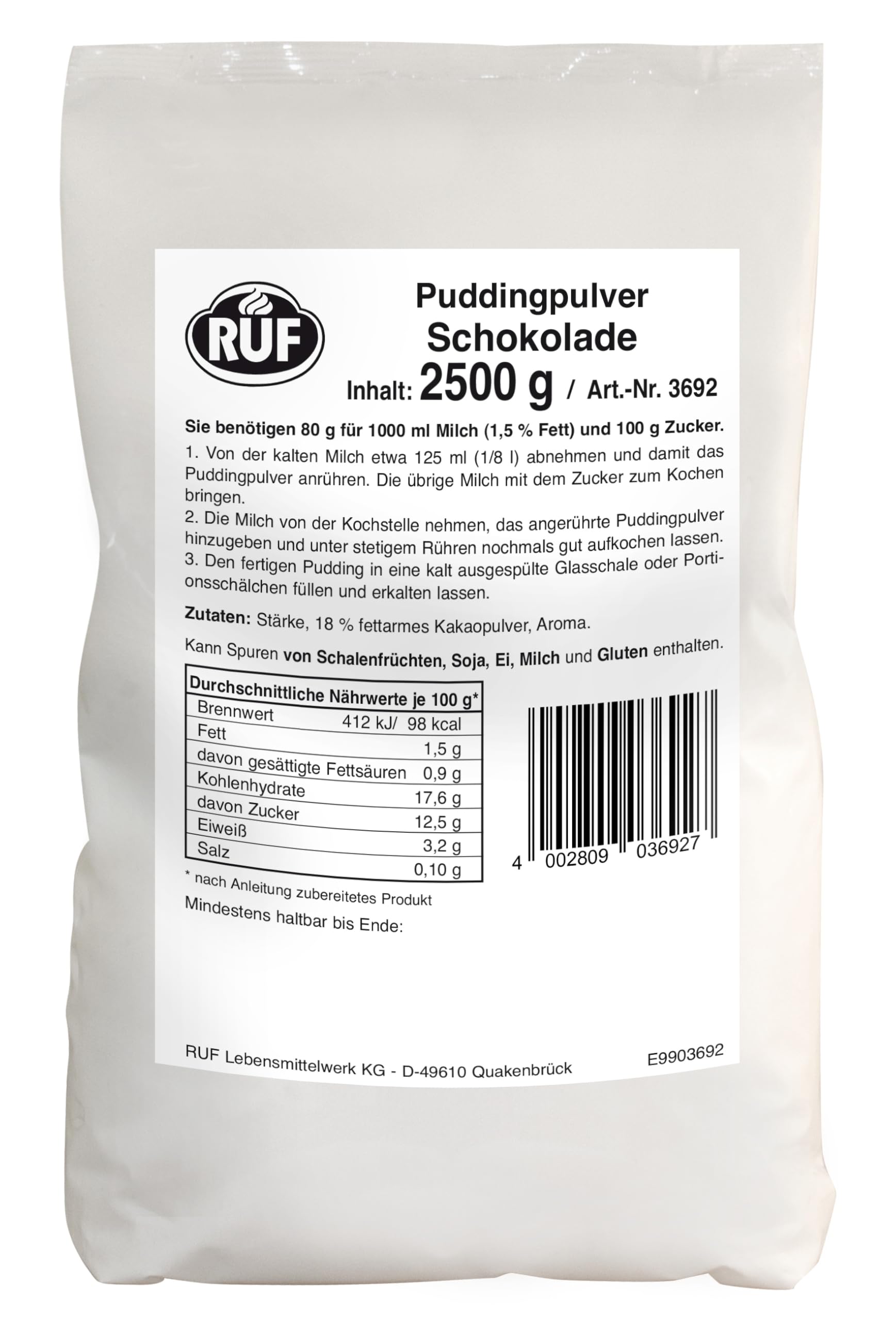 Ruf Pudding Schokolade, Puddingpulver Für Schokoladenpudding, Nur Mit Milch Und Zucker Aufkochen, Großpackung, Glutenfrei, Ohne Allergene, 1X2500g