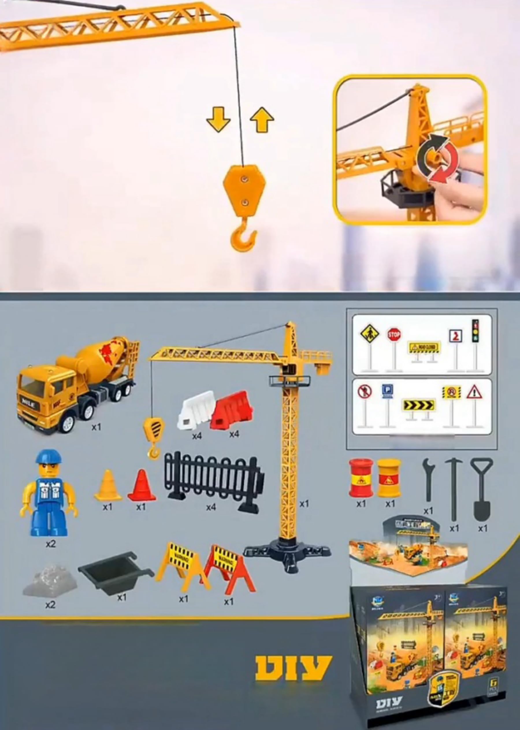 Vehículo de construcción AptoFun serie grúa (37 * 41,5cm) + presione y vaya. Camión hormigonera (16,4 * 7,6 * 4,8cm) con 2* trabajadores con herramientas y varias señales de tráfico a partir de 2 años