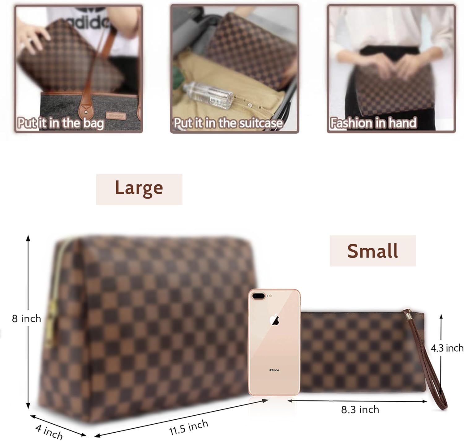 2 Pack Makeup Bag Set for Women, Large Brown Leather Cosmetic Bag + Small Zipper Pouch, Water-Resistant Travel Toiletry Organizer with Smooth Metal Zipper, Stylish Storage for Daily Use & Gift