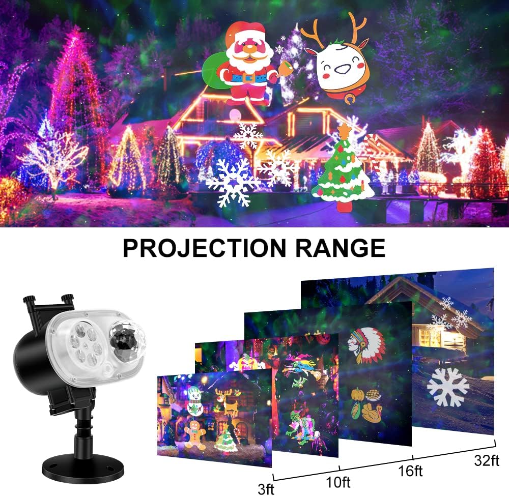 Holiday Projector Lights Outdoor, 2-in-1 HD LED Outdoor Projectors with Remote Control Timer, 3D Ocean Wave & 4 Patterns Waterproof Lanscape Lights for Indoor Valentine Xmas Halloween Holiday Party