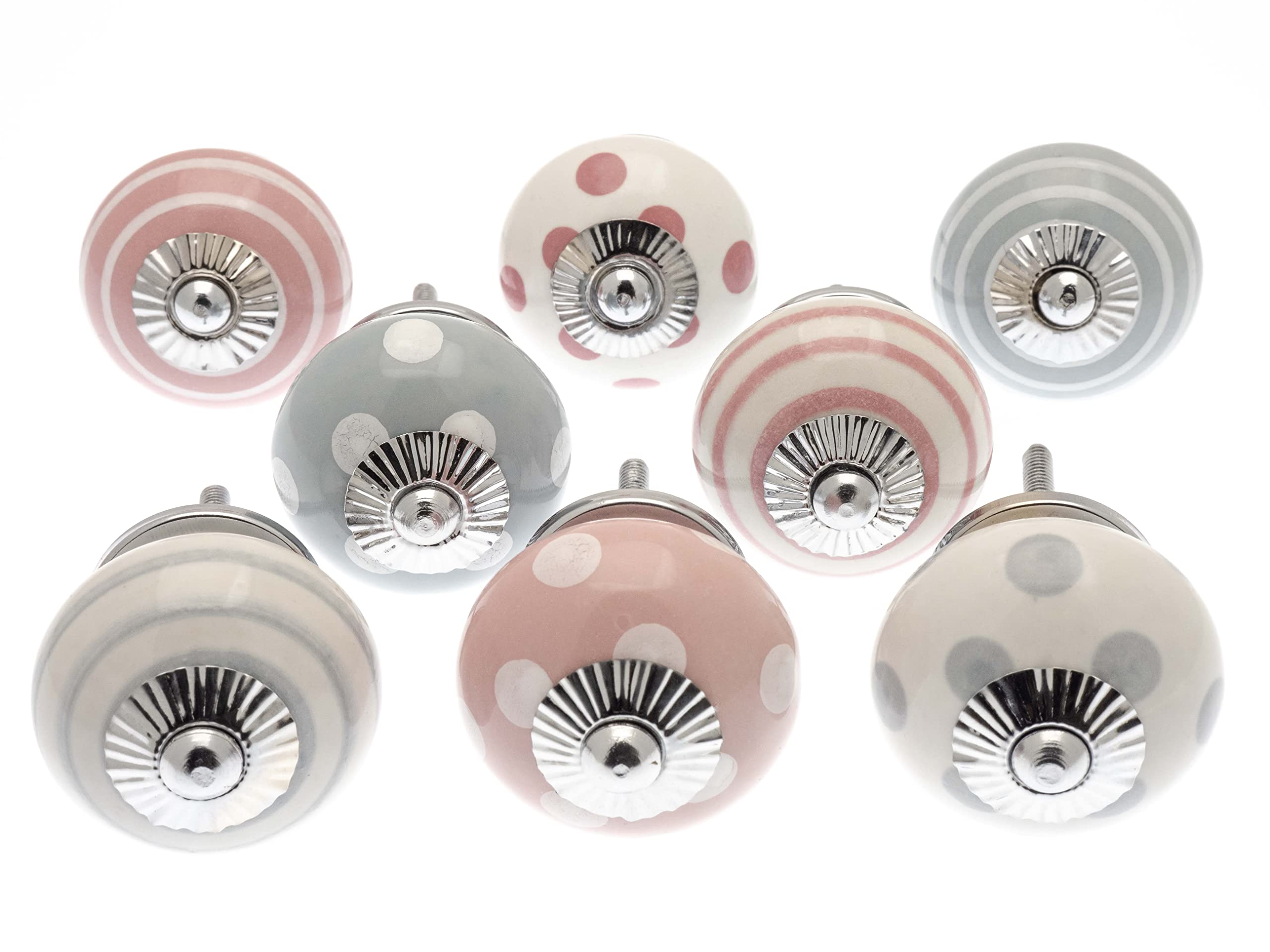 Cupboard Knobs Ceramic Set Of 8 Whisper GreyPale Pink And White Spots And Stripes By Mango Tree
