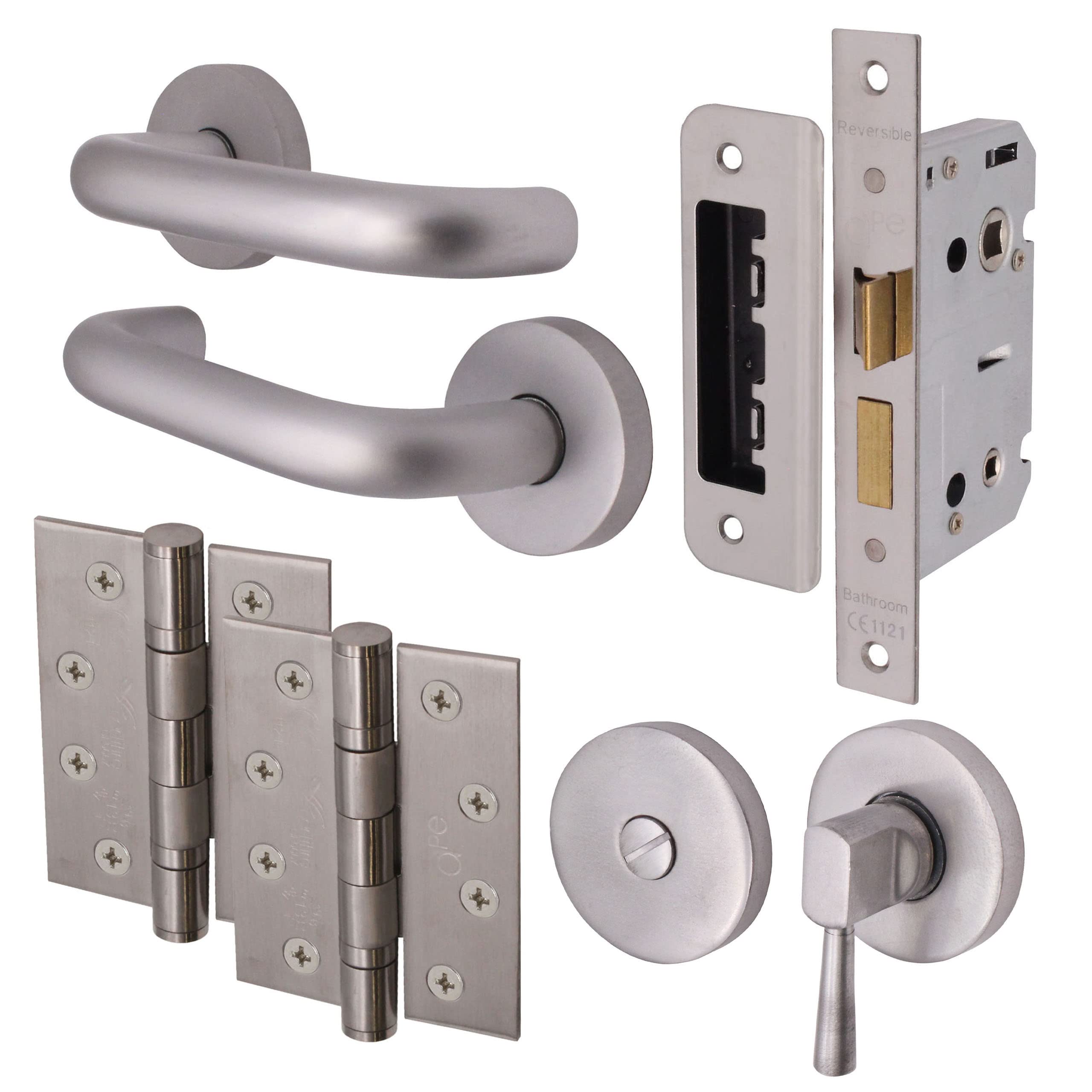 Eai Satin Return To Door Lever On Rose Handle Bathroom Lock Kit | Aluminium | 4 Inch Hinges