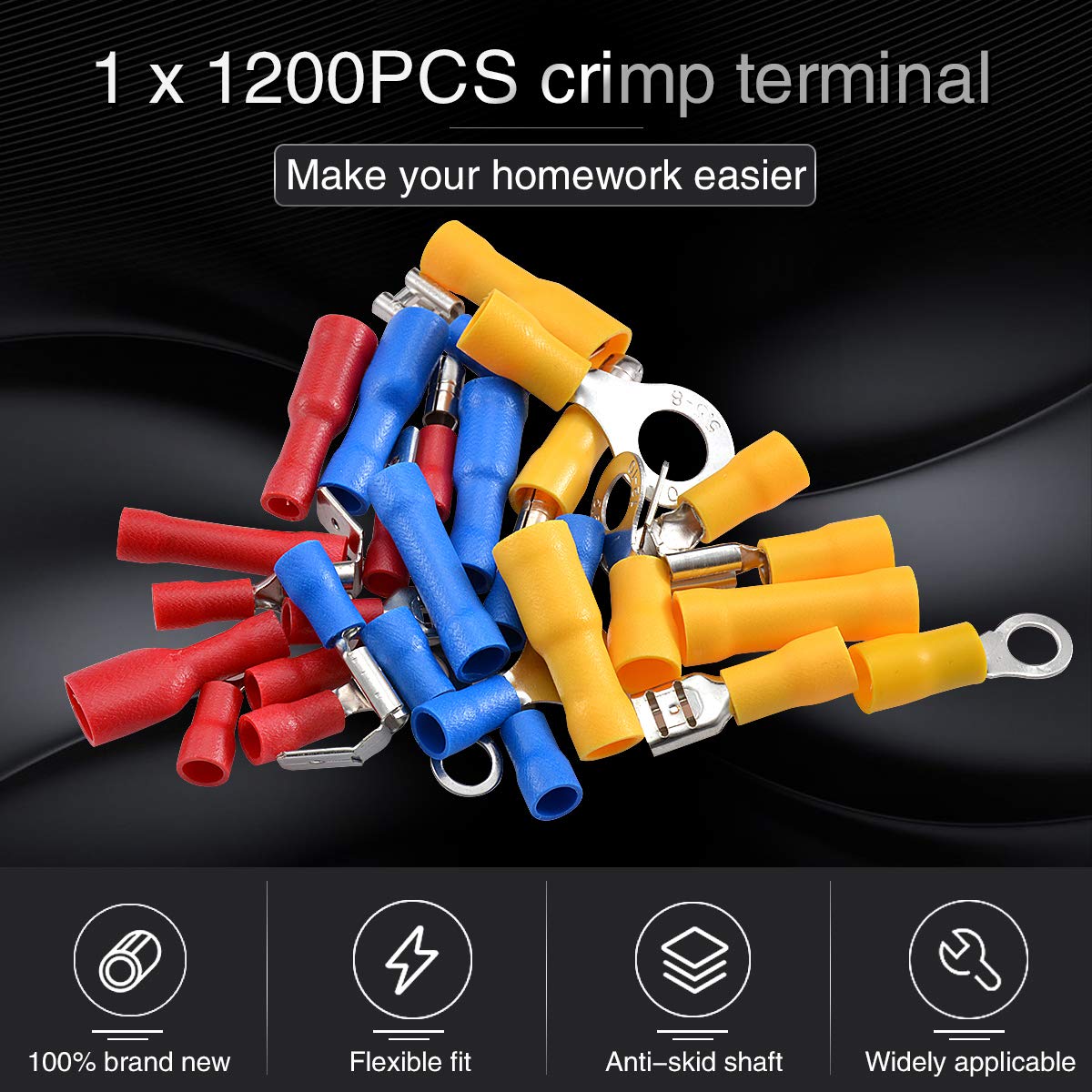 KATUR Lot de 1200 connecteurs à sertir pour bornes de fil, assortiment de cosses assorties, connecteurs électriques à sertir dans un étui en plastique (rouge/bleu/jaune)