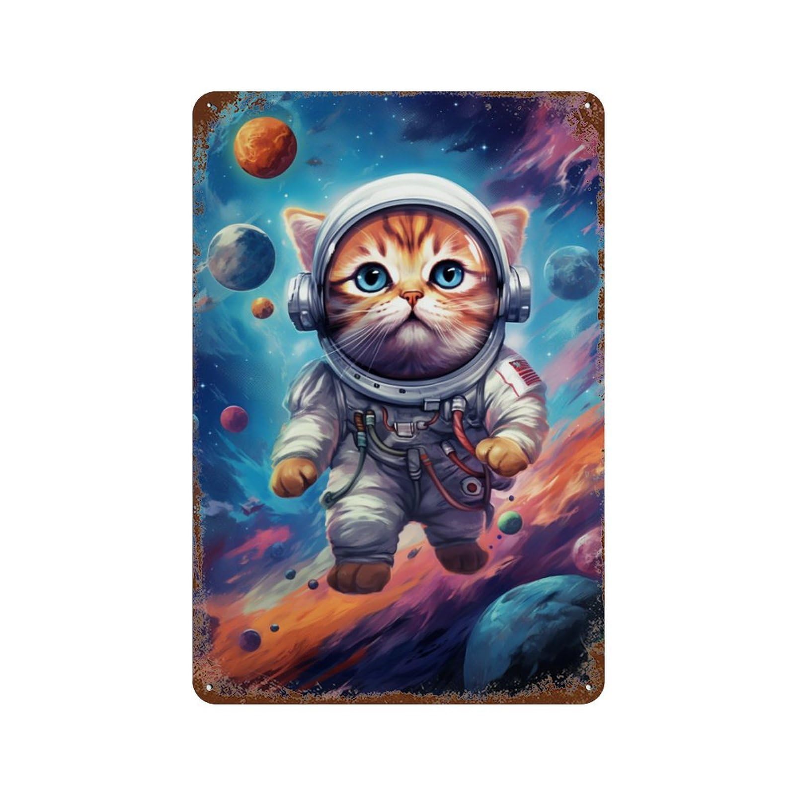 Space Cat Adventure-4 Distressed Metal Wall Sign 11.8"x7.9", Ideal for Patio, Garden Room And Bar Decor