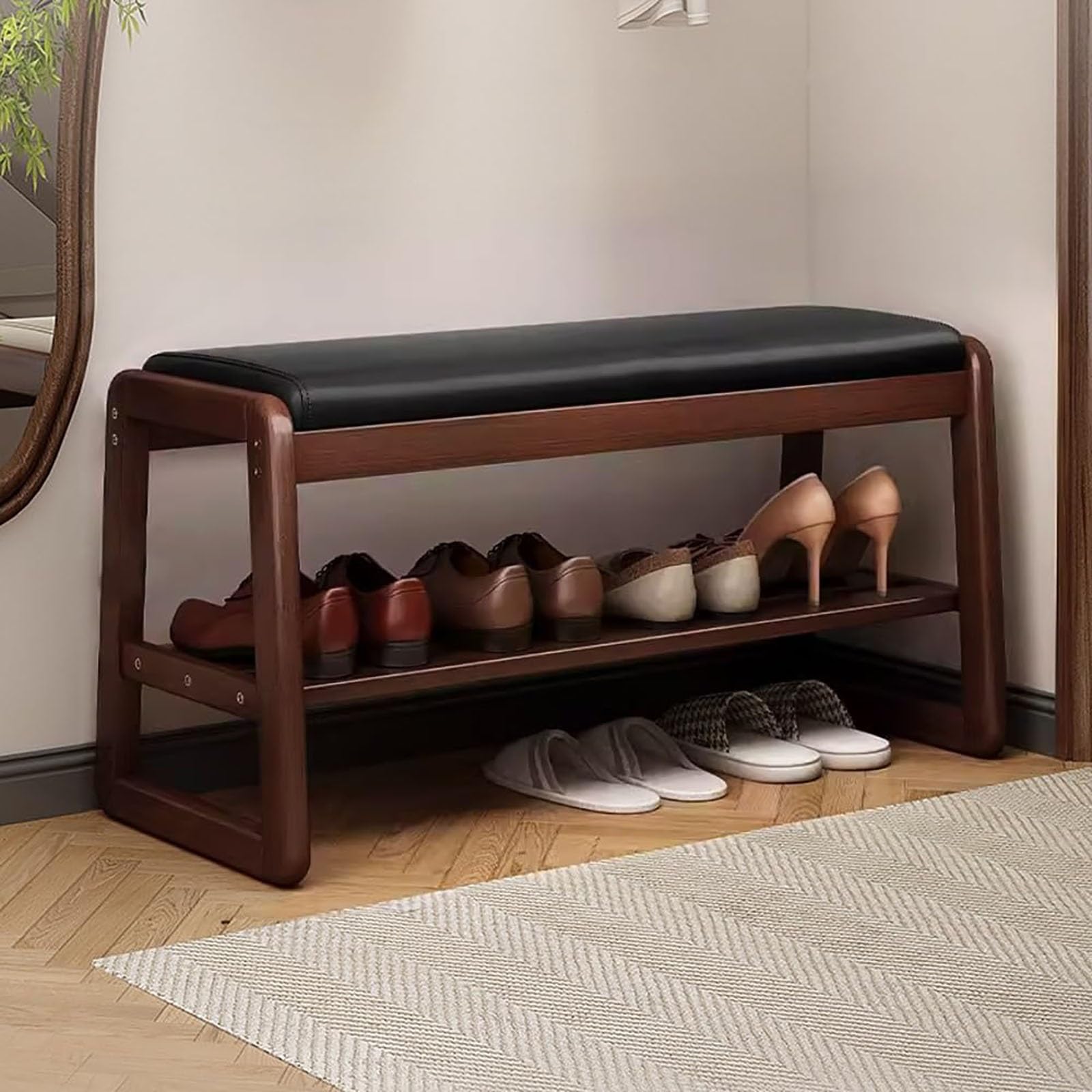 WJFTODAY Cushioned Shoe Bench with Storage Rack Entryway for Hallway Wood Shoe Shelf for Front Door Compact Mudroom Bench (Black 100cm)