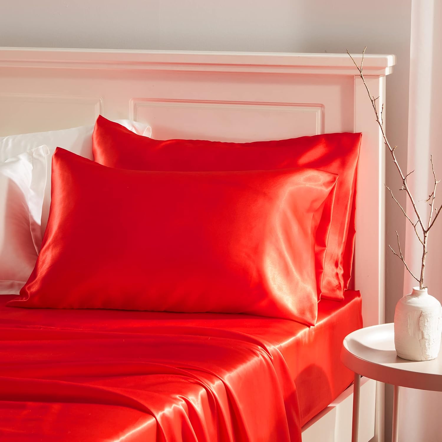 Manyshofu Red Satin Pillowcase for Hair Protection 2Pcs Standard Pillow Cases