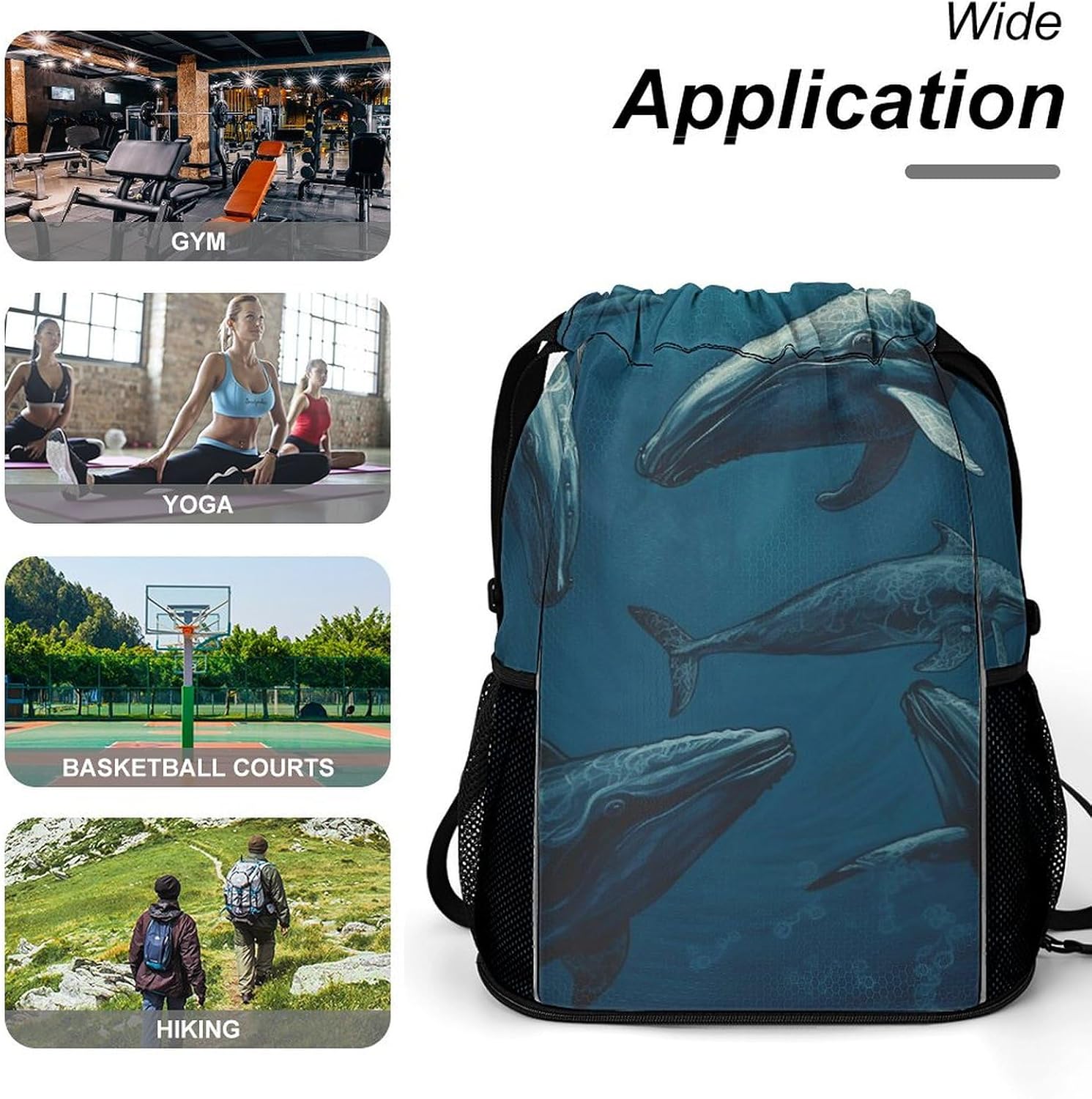 Small Gym Bag Ocean Whale Printed Drawstring Gym Bag for Men Lightweight Waterproof Drawstring Backpack for Women with Shoe Compartment for Travel Tourism Work And Fitness