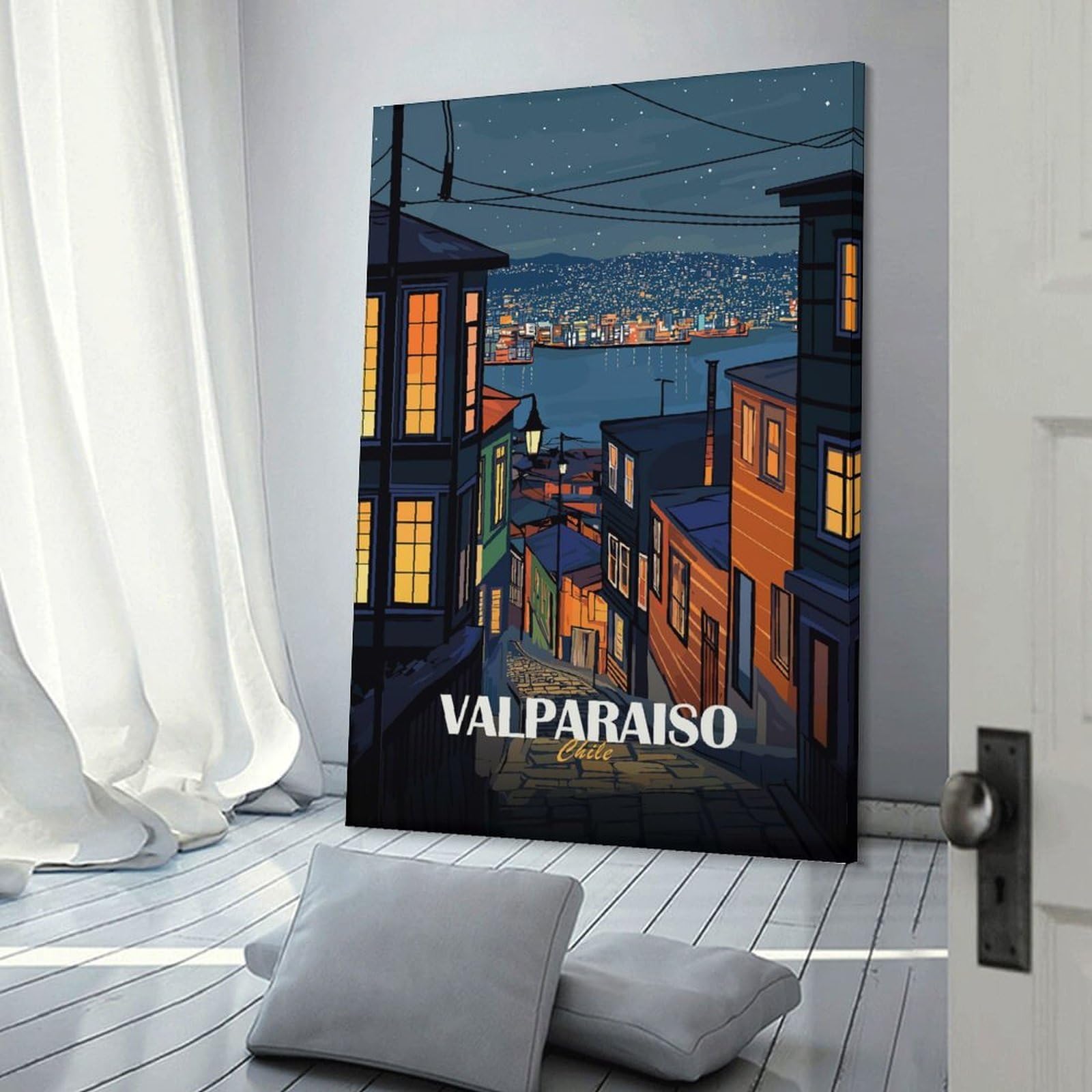 Junmoney Room Decor Wall Art Valparaiso Chile Night Cityscape Art, 08x12inch(20x30cm), for Wall Displays, Bedrooms Or Room Updates, An Easy Match for Collected Prints