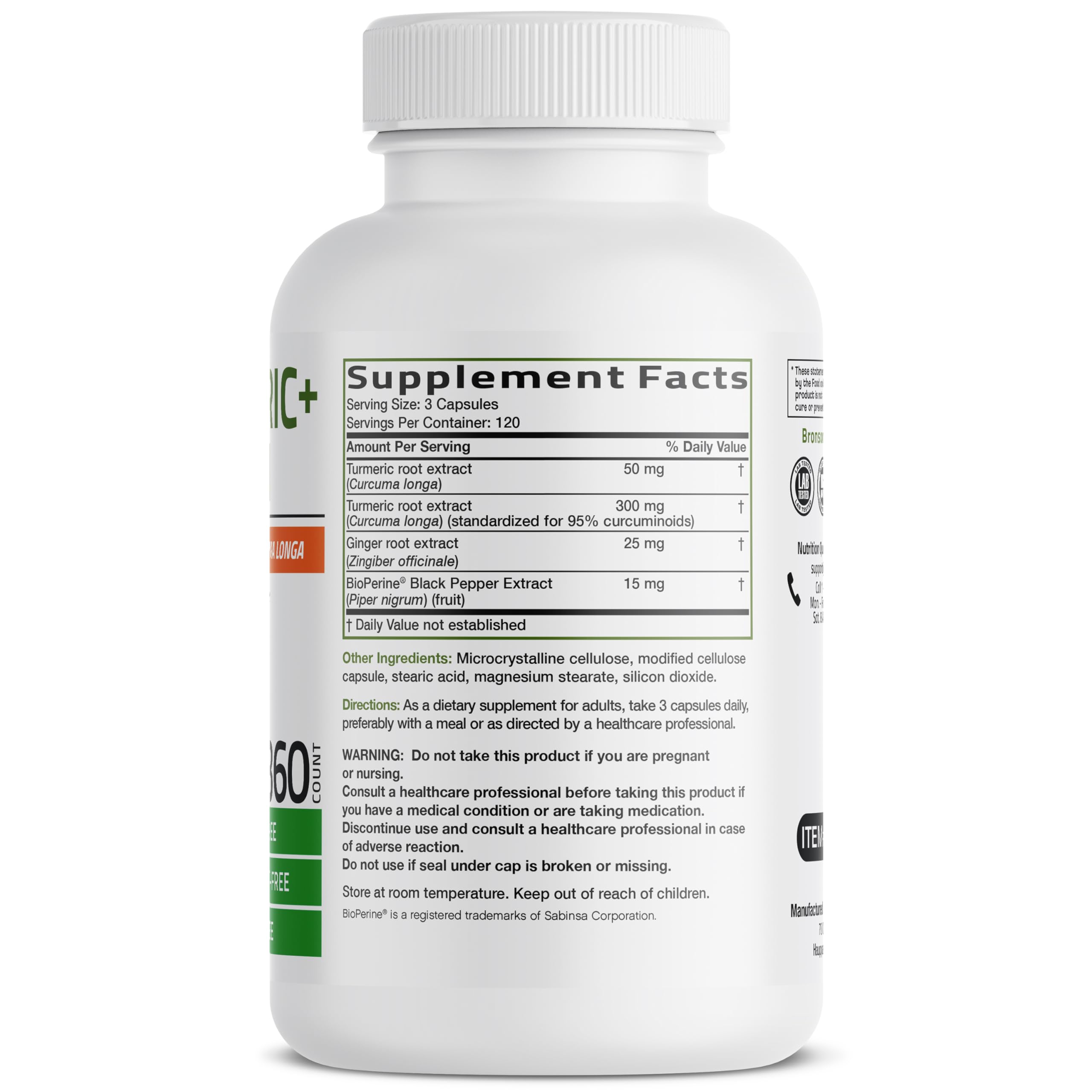 Bronson Turmeric + Ginger with BioPerine, 360 Vegetarian Capsules — Amazon image 2