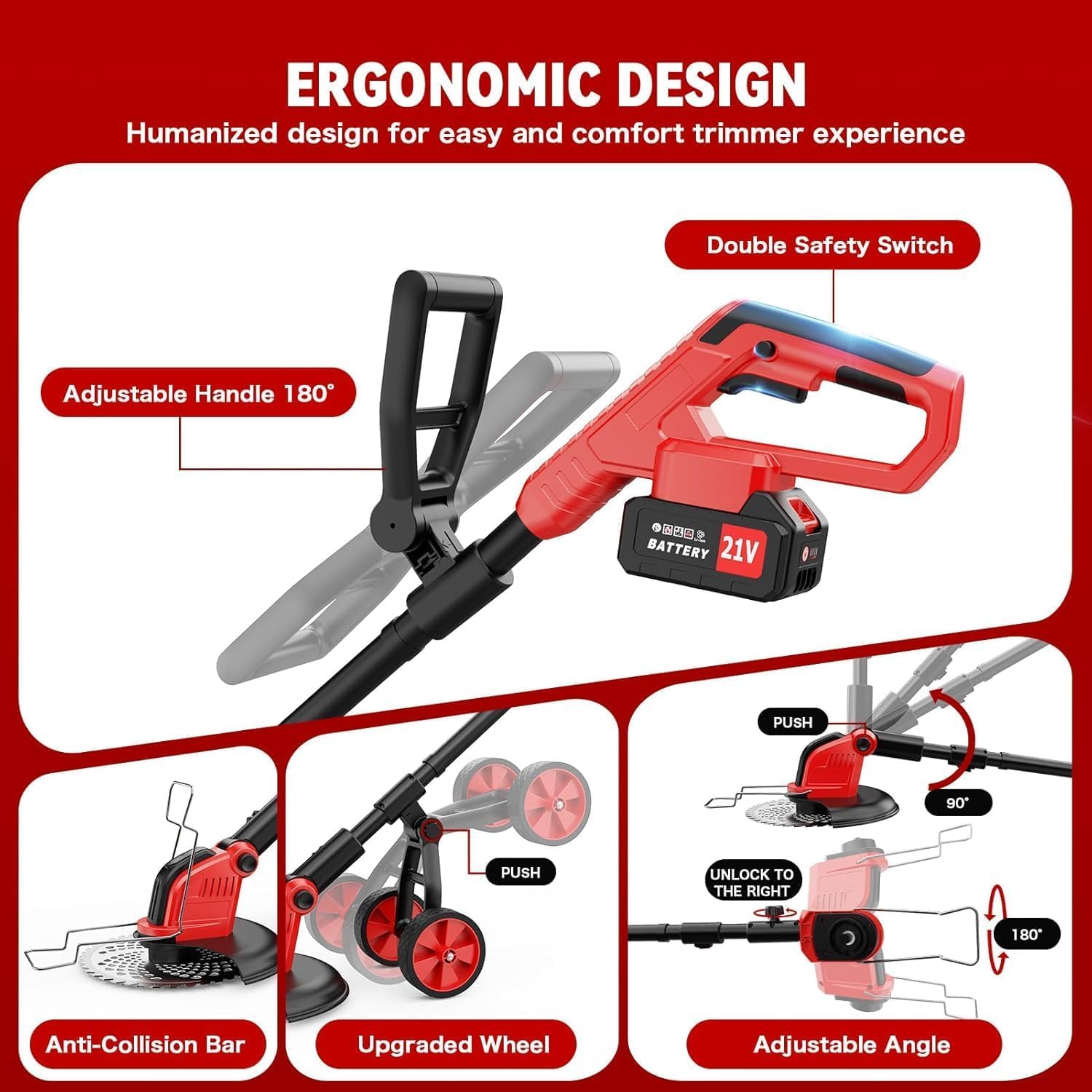 Decespugliatore elettrico da 30,5 cm, con 2 batterie da 3,0 Ah e caricabatterie, potente 20000 giri/min, 4 tipi di lame, decespugliatore telescopico con ruote staccabili per potatura da giardino