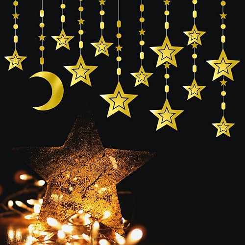 Miniatura 5 de Guirnalda dorada de decoración de fiesta de estrella-luna, 12 piezas de serpentinas colgantes de estrella, remolino de cumpleaños para niños, baby