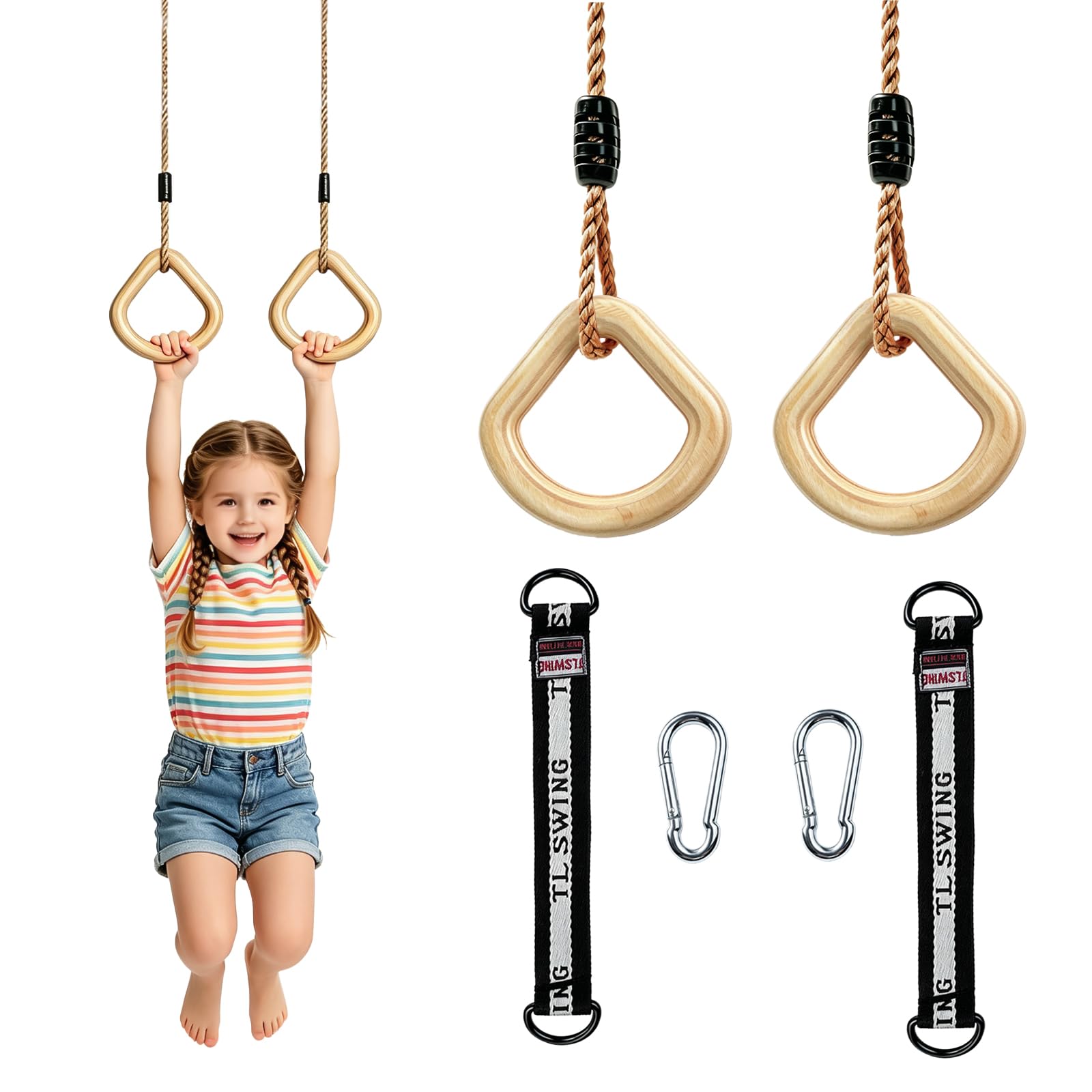Columpio Jardin Exterior con Anillas, Multifunción Columpio Infantil De Madera con Anillas Y Cuerda De Cáñamo Ajustable Aparatos De Gimnasia para Niños, para Interior Y Exterior