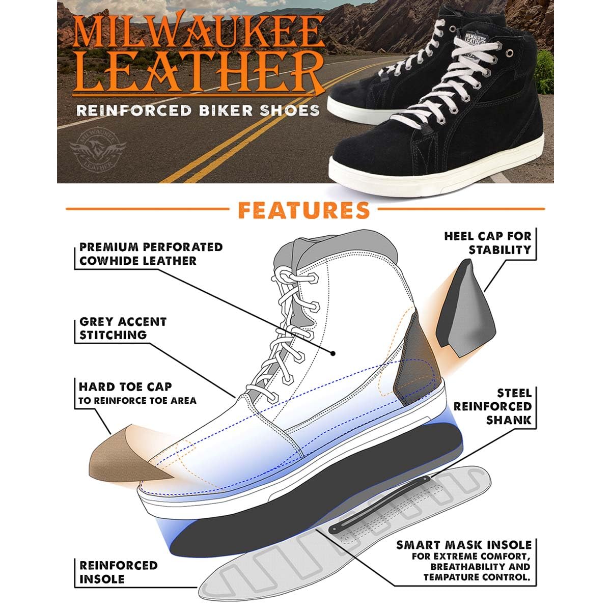 Milwaukee Leather Men's Motorcycle Reinforced Street Biker Casual Riding Shoes Leather Suede Canvas - 9