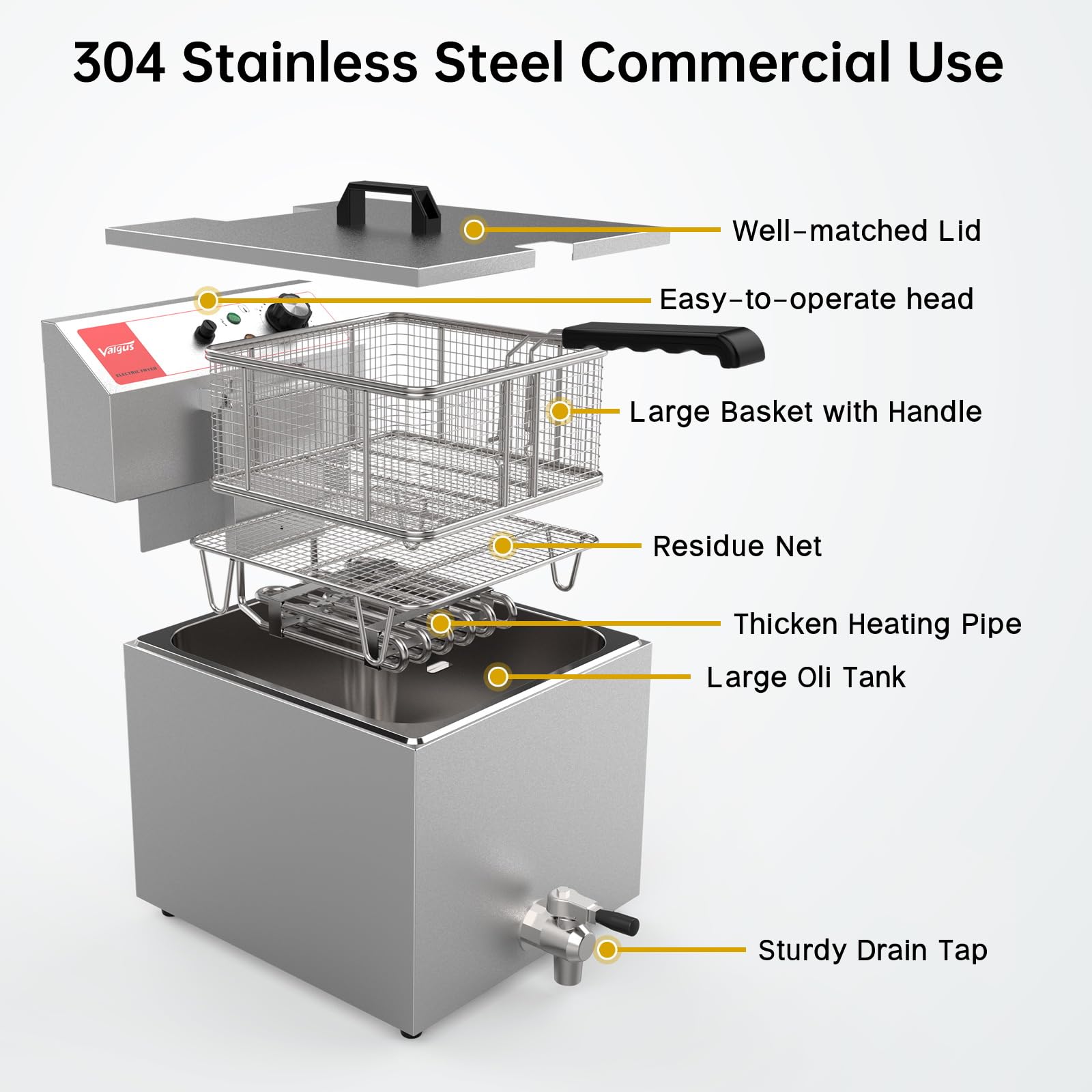 Valgus Friggitrice Elettrica Professionale in acciaio inox 3300W 16L Friggitrice da banco di grande capacità con cestello e coperchio, sistema di drenaggio
