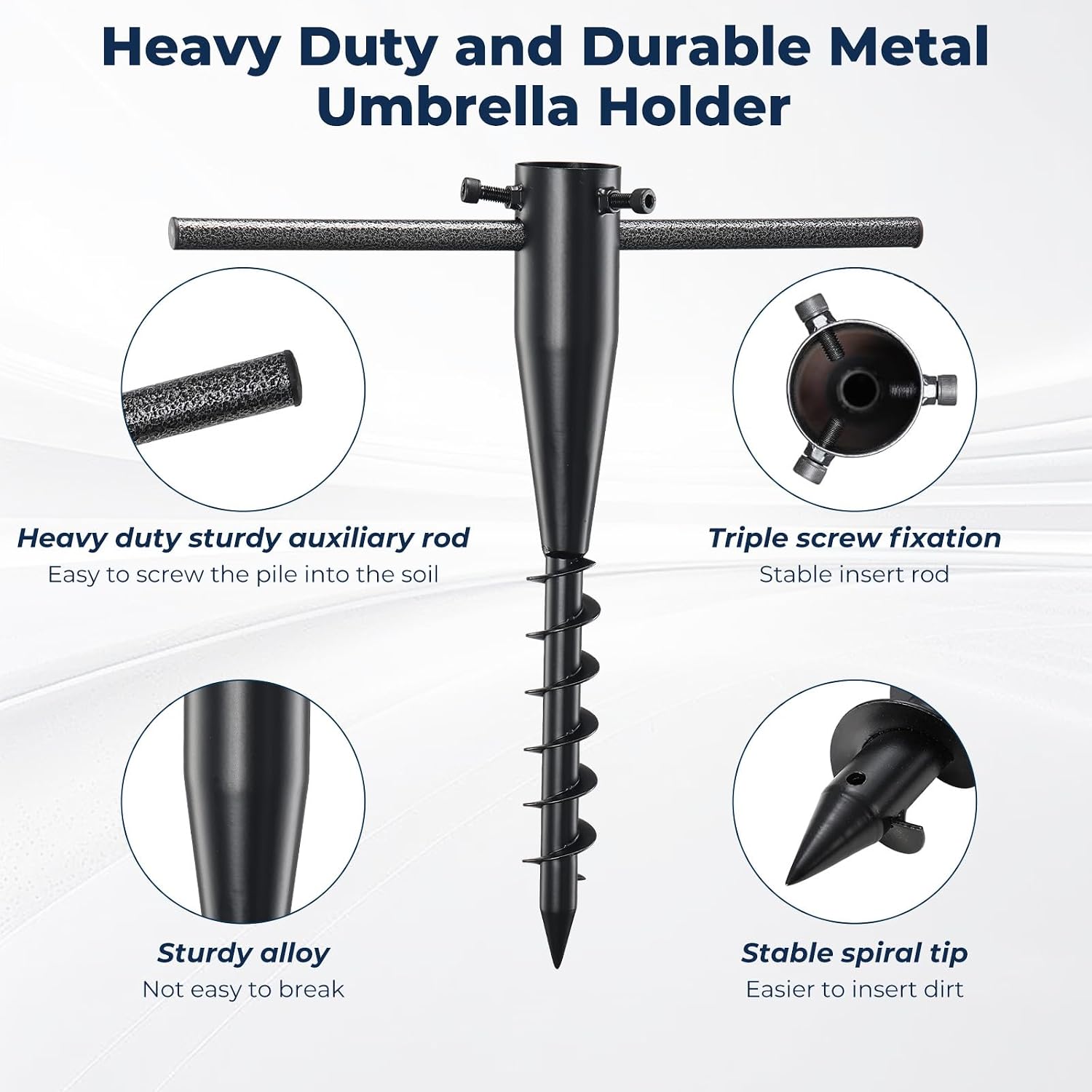 Ground Screw, Heavy-Duty Spiral Ground Anchors for Umbrellas & Poles - 17" Rustproof Ground Stake with Deep-Grip Design for Sand, Lawn, Outdoor Use (Fits 1-2" Diameter), Black