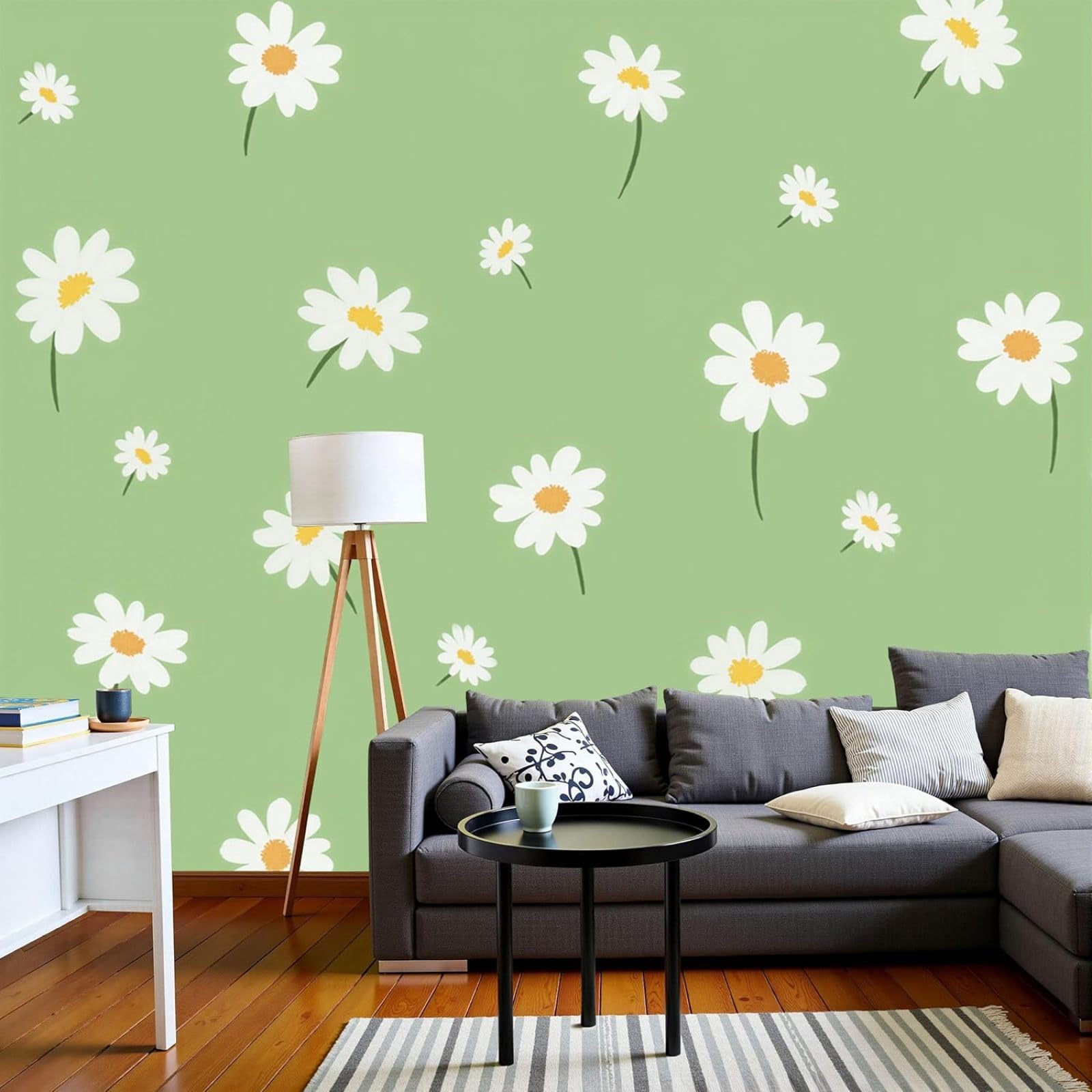 hgjdjhnf Photo Wallpaper White Daisies 3D Effect, Simple Flat Floral Pattern for Living Room Bedroom, Green Wall Wallpaper for Wall Decoration, 350cm x 256cm Stickers - Frameless Painting - Poster