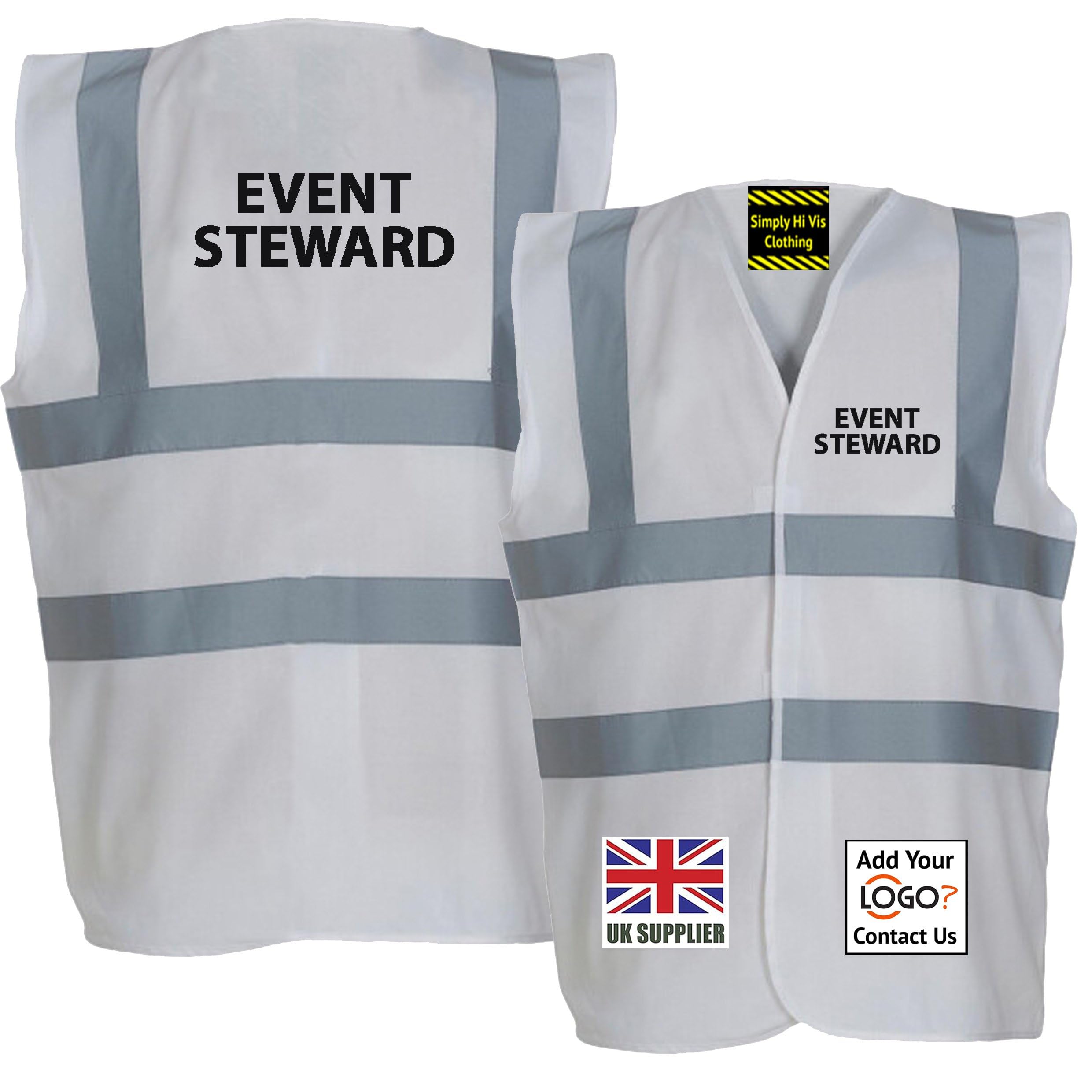 White Hi Vis Vest EVENT STEWARD Waistcoat EN ISO 20471 supplied by Simply Hi Vis Clothing UK