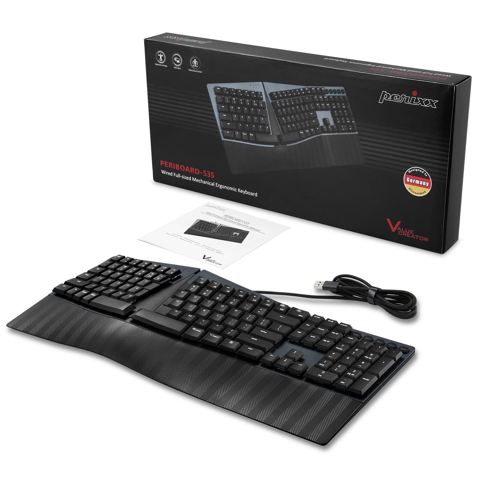 Perixx PERIBOARD-535BL Ergonomische kabelgebundene mechanische Tastatur, volle Größe, diskrete Blaue Klickschalter, kompatibel mit Windows und macOS