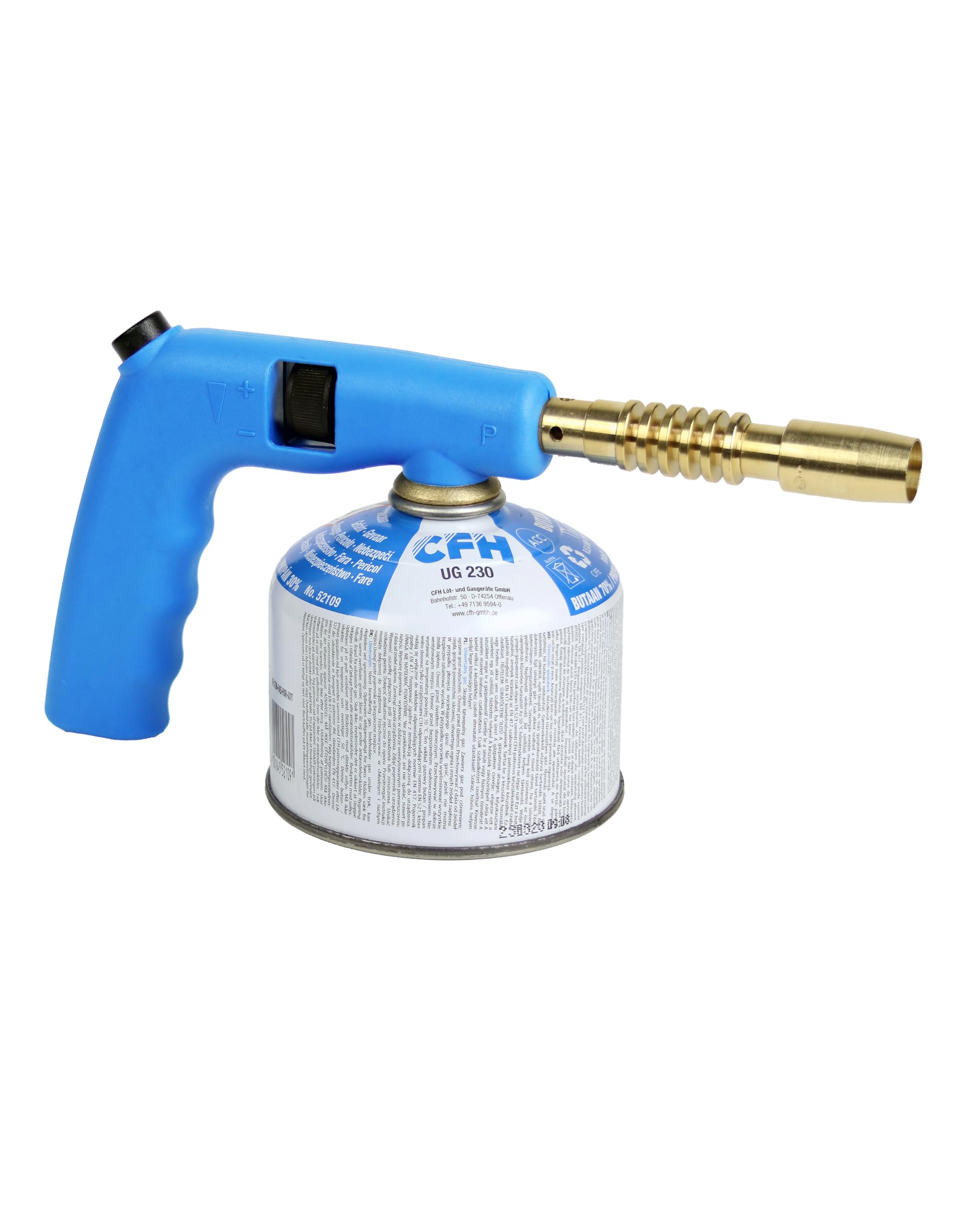 CFH Piezo Compact PC 140 - Vielzweck Gas Lötgerät mit Piezozündung, Ø 17 mm Spezialbrenner, Lötbrenner zum Hart- und Weichlöten, Lötbrenner nach DIN EN 521, TÜV SÜD Bauart geprüfte Kartusche