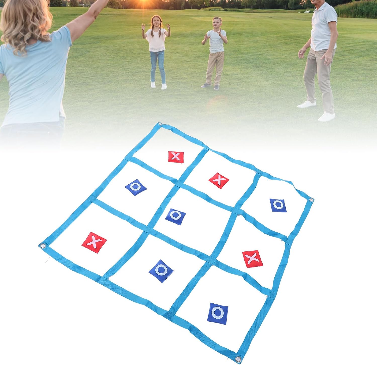 XO Toss Game, Foldable Nylon Board Game with 10 Bean Bags, Ideal for Outdoor Fun and Family Gatherings (Blue)
