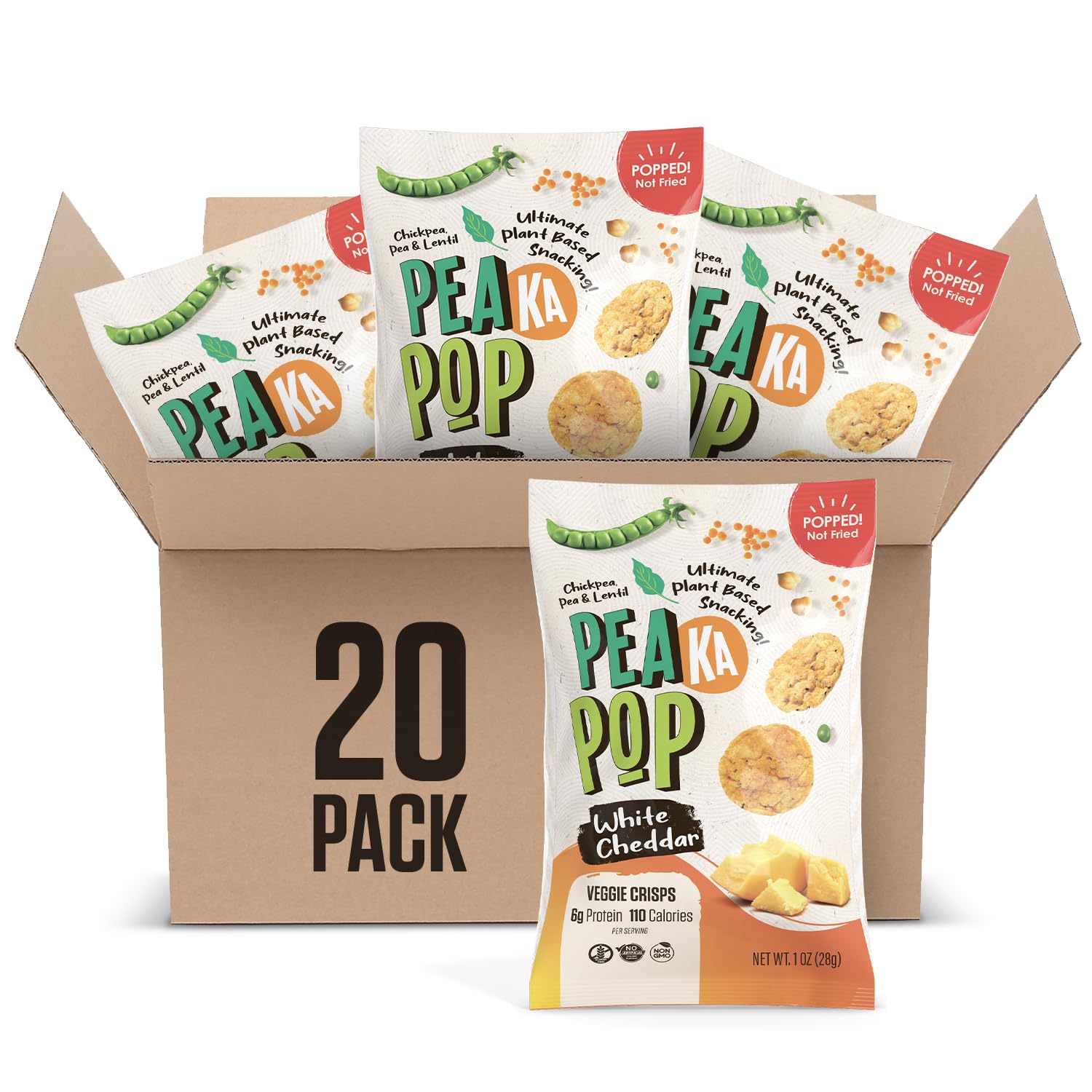 PEAKAPOP Veggie Chips – Plant-Based, Healthy Veggie Crisps with Pea, Lentil & Chickpea Protein – Gluten-Free, Popped Chips – Snack Size for Kids & Adults – 1 oz Bags (20-Pack) – White Cheddar