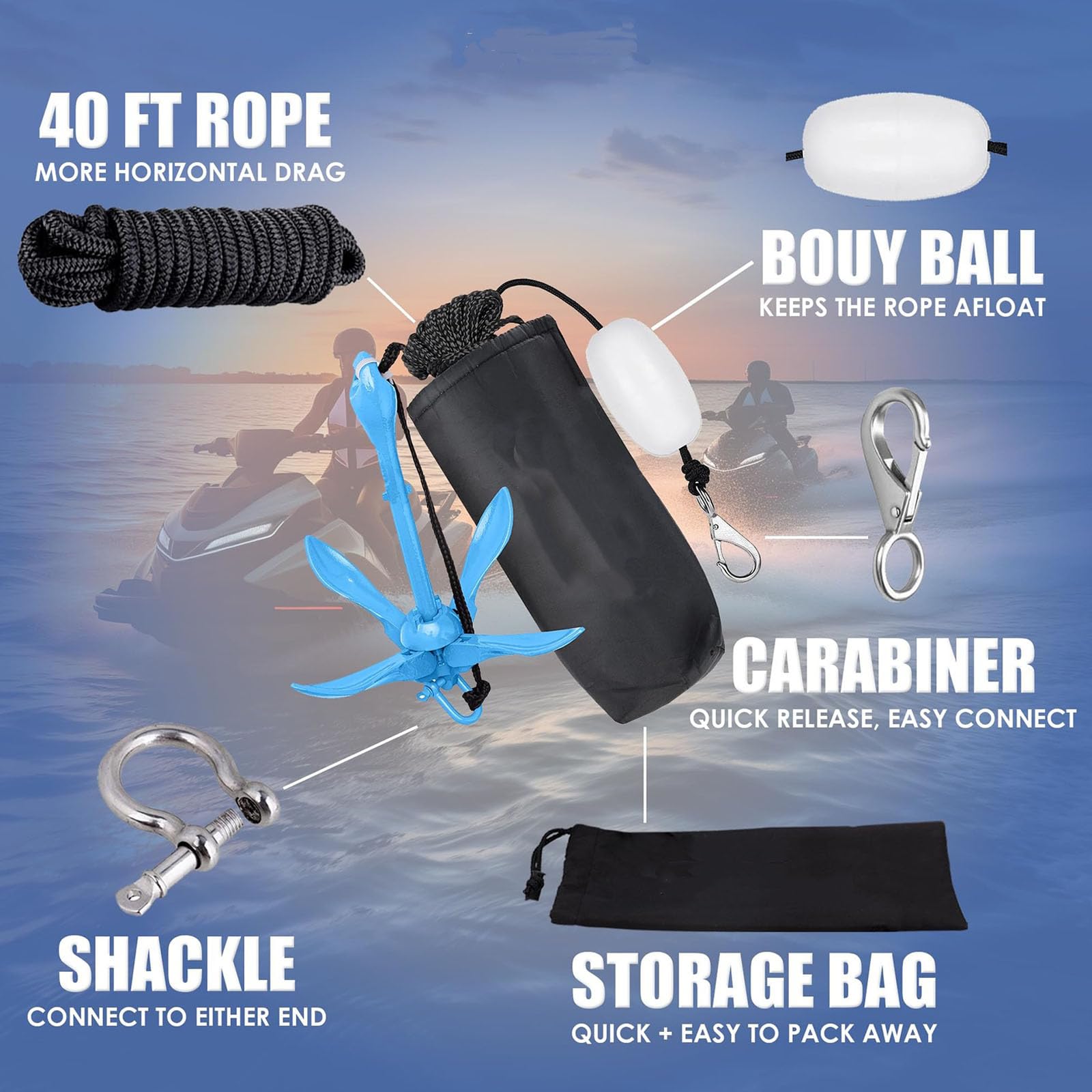 Set di ormeggio compatto pieghevole con grado marino, blu | Include borsa portatile da 30,5 cm, sistemi di ormeggio per barche per attività in acque poco profonde, corda di grado marino