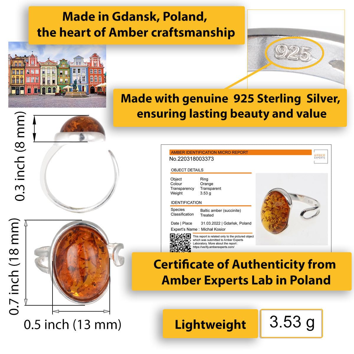925 Sterling Silber Verstellbarer Ring mit echtem Baltischen Honigbernstein – Ovaler Naturbernstein, Handgefertigter Damenring aus Polen